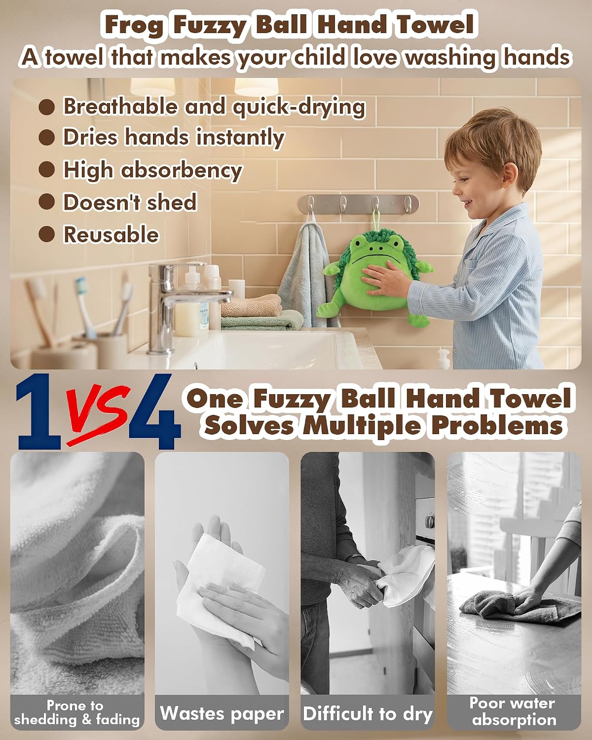 Ugly Frog Fuzzy Hand Towel - Super Soft Chenille Bath & Kitchen Towels, Absorbent Decorative Fuzzy Ball Hanging Towel for Bathroom, Sink, Countertop (Frog)
