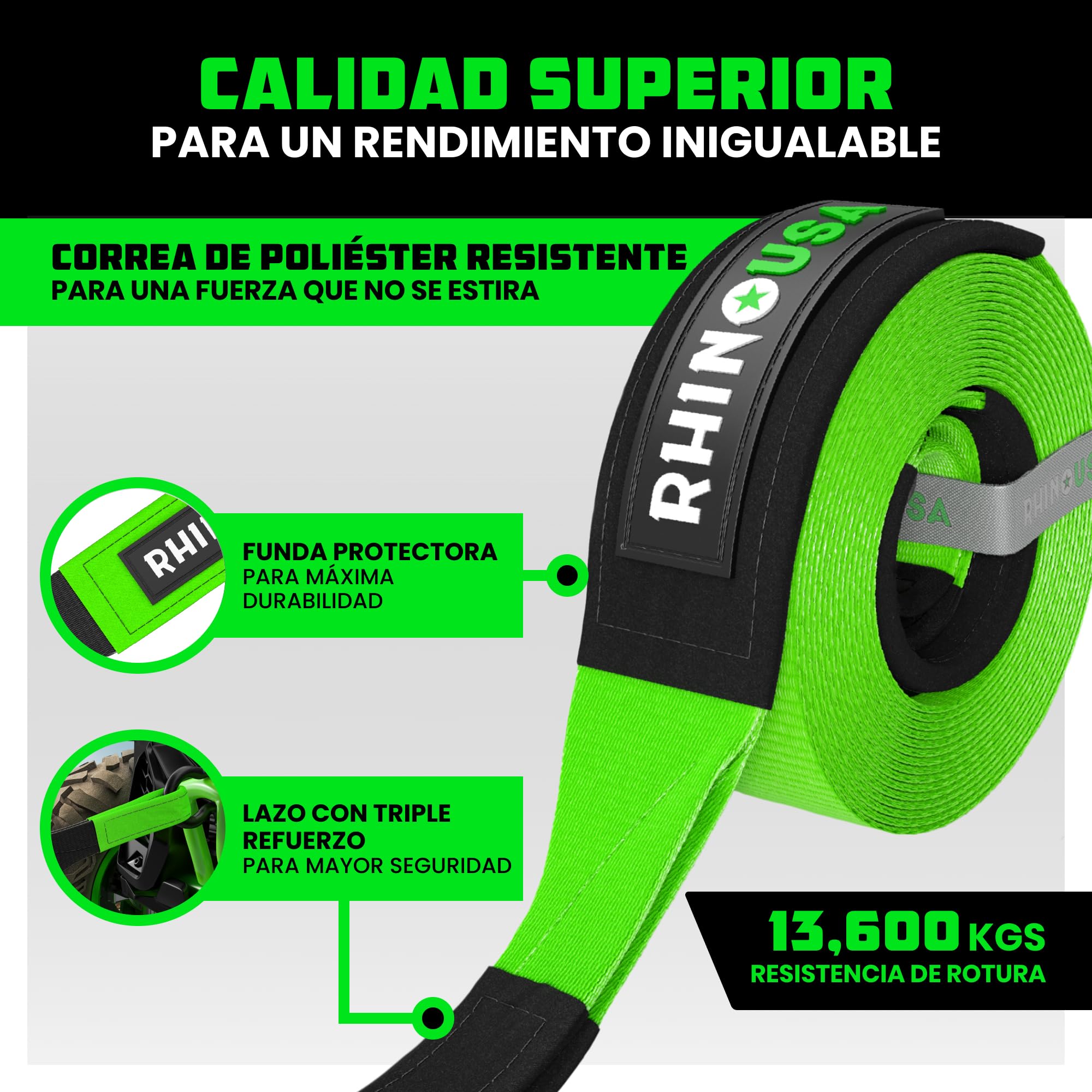Rhino USA Cuerda de Remolque y Recuperación - Correa para Remolcar Desde Árbol 7.6 cm x 2.4 m - con Resistencia a Rotura de 13,600 kg - Extremos en Bucle Triple Refuerzo - Verde