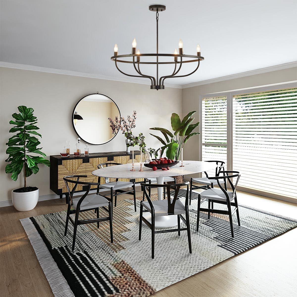 Black Modern Farmhouse Chandelier 6-Light, Industrial Candle Style Pendant Light, Adjustable Chain Mount, for Dining Room, Kitchen Island, Foyer & Living Room, E12/E14 Bulbs (Not Included)