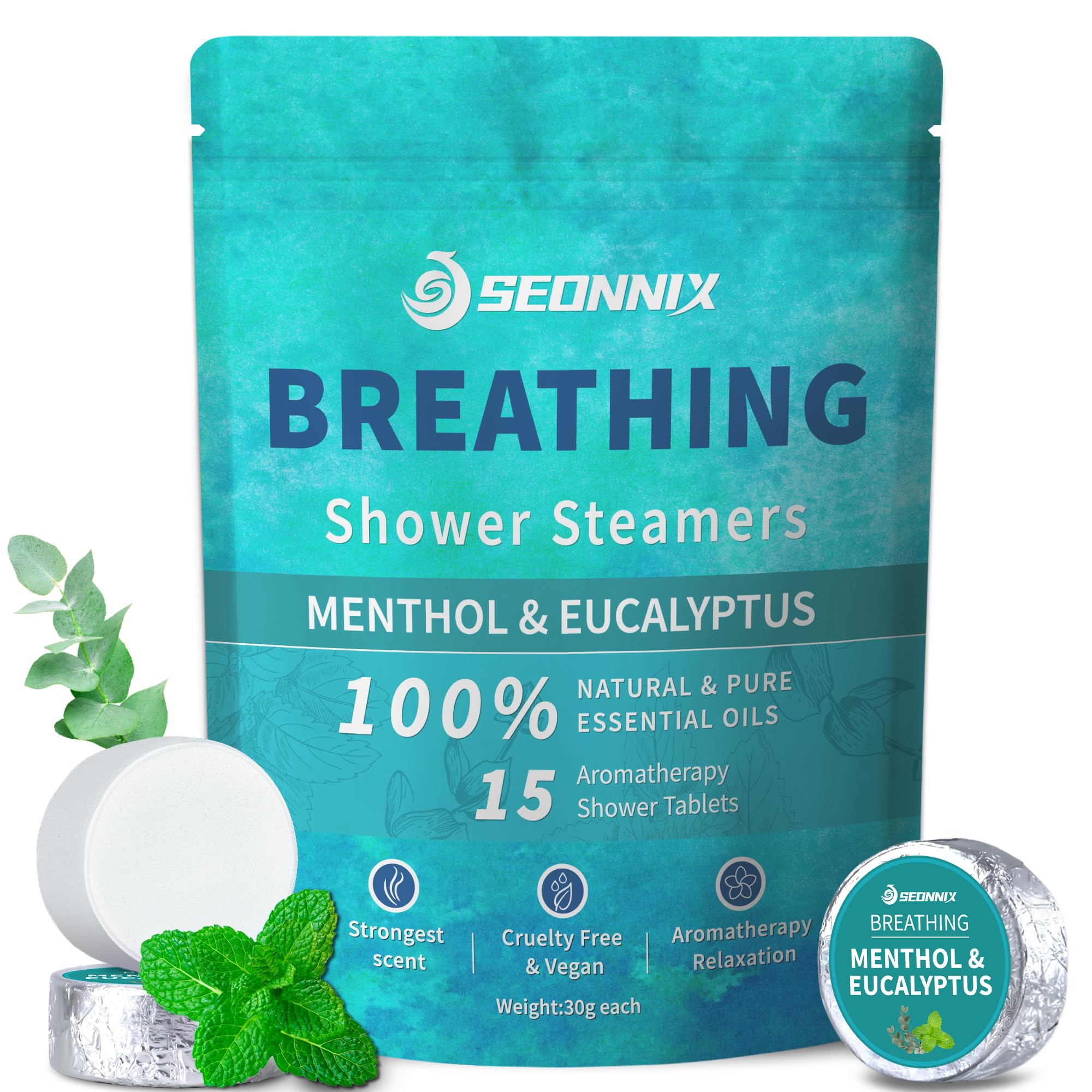 SEONNIX Shower Steamers Aromatherapy 15 Pack, Menthol & Eucalyptus Shower Bombs with Natural Essential Oils, Quick Relief Nasal Congestion, Relaxation & Self Care Gifts for Women & Men