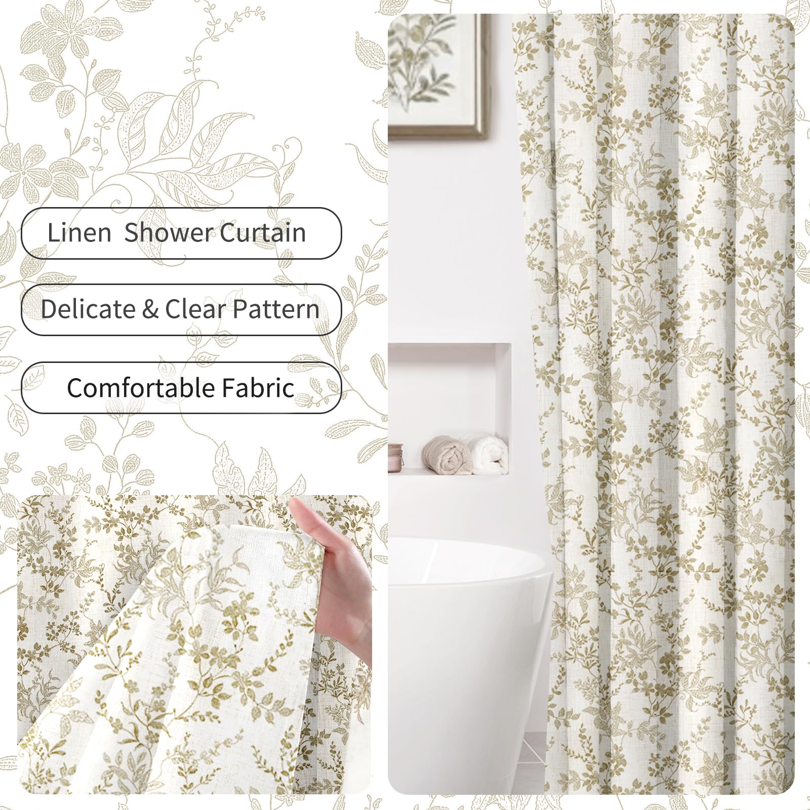 Ksriylm Farmhouse Elegance Floral Shower Curtain for Bathroom Decor,Linen Cotton Bathroom Curtains with12 Hook,Cloth Flower Leaves Waterproof Bathtub Curtain with 72" W x 72" L,Brown - Image 3