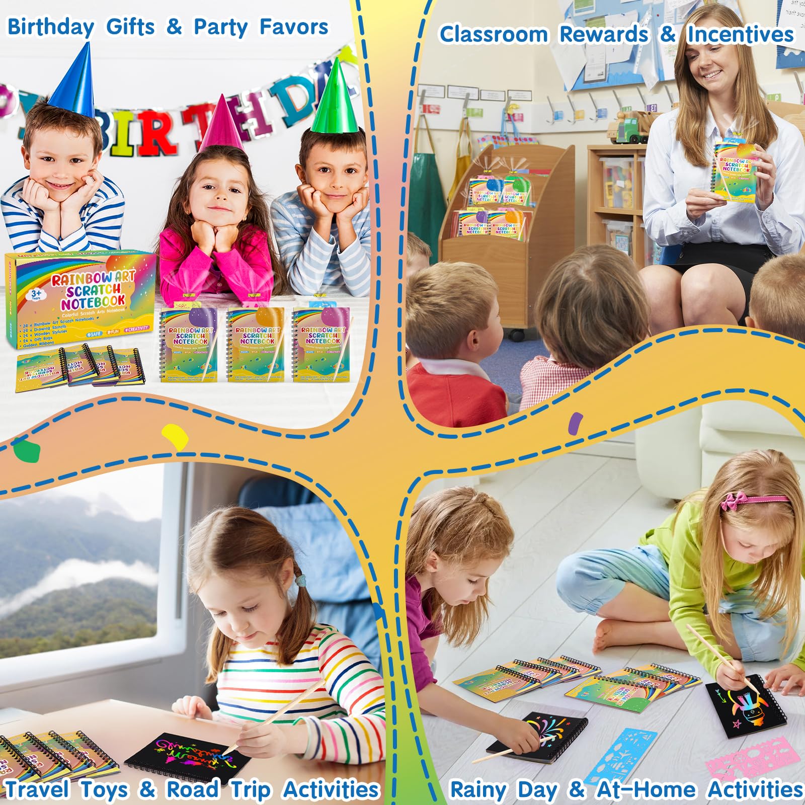 YSCare Scratch Arts Partygeschenke für Kinder: 32 Stück, Regenbogen-Kunst-Kratz-Notizbuch, Kunst-Bastelset, Goodie-Tüten, Geburtstagsgeschenke, Klassenzimmerpreise für Mädchen, Jungen, 4–8–12