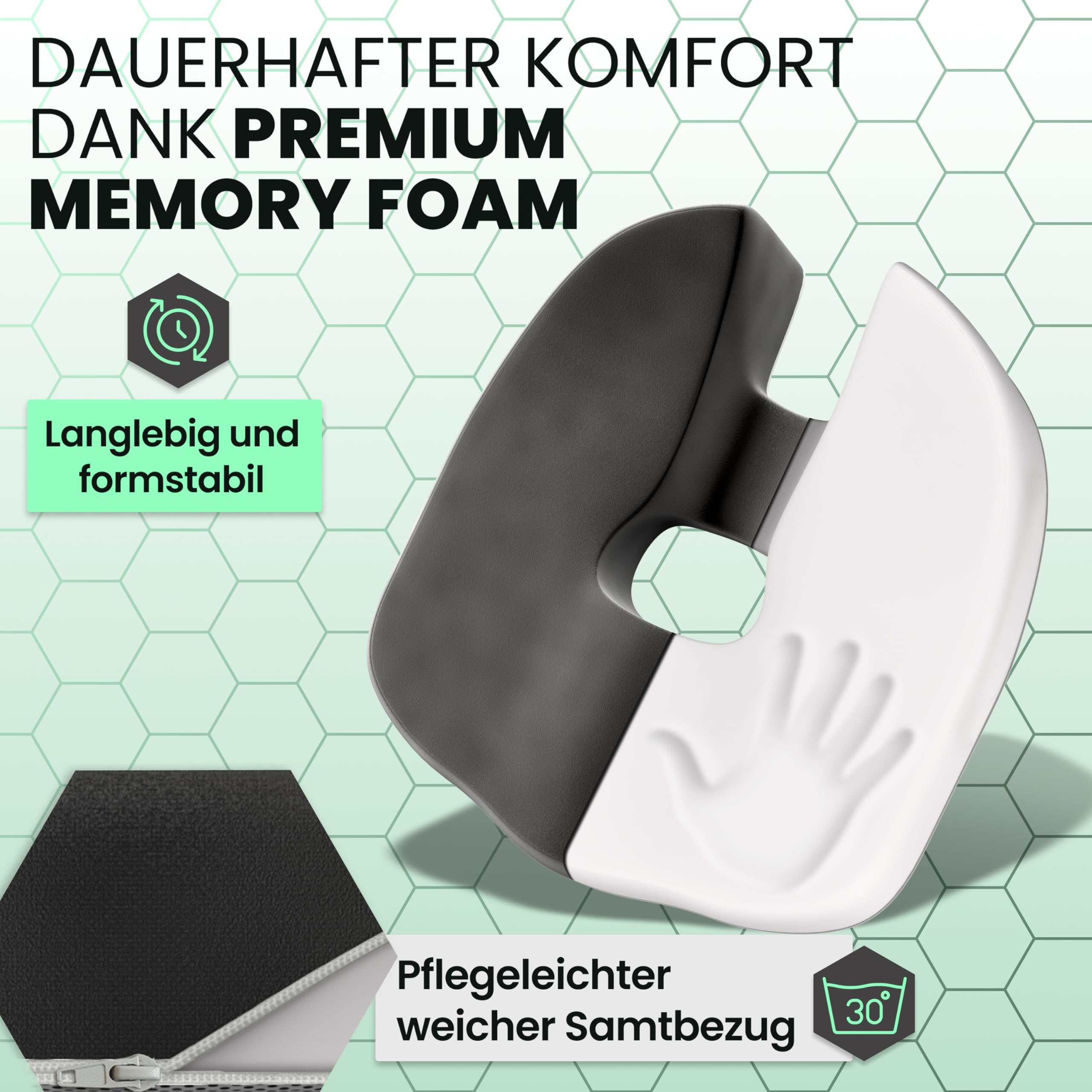 Orthopädisches Sitzkissen – Ergonomisch, Memory Foam, entlastet Steißbein & Rücken, sofort einsatzbereit – IGR-zertifiziert & Oeko-Tex geprüft, ideal für Büro, Auto, Reisen & Schwangerschaft