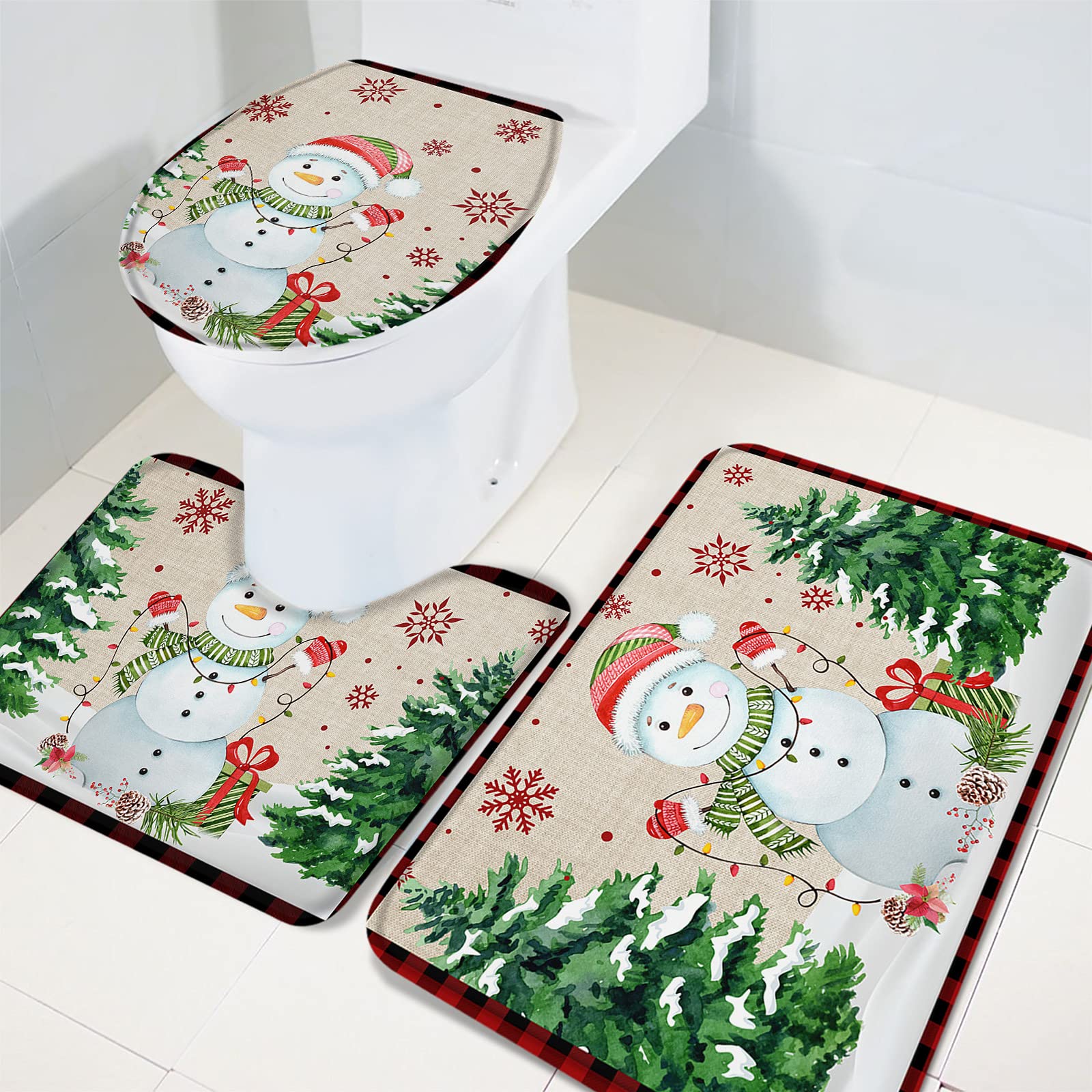 ANMITI Tappetino da bagno assorbente Plushie con albero di Natale Babbo Natale pupazzo di neve modello tappetino da bagno per pavimento asciutto sicuro per casa e hotel