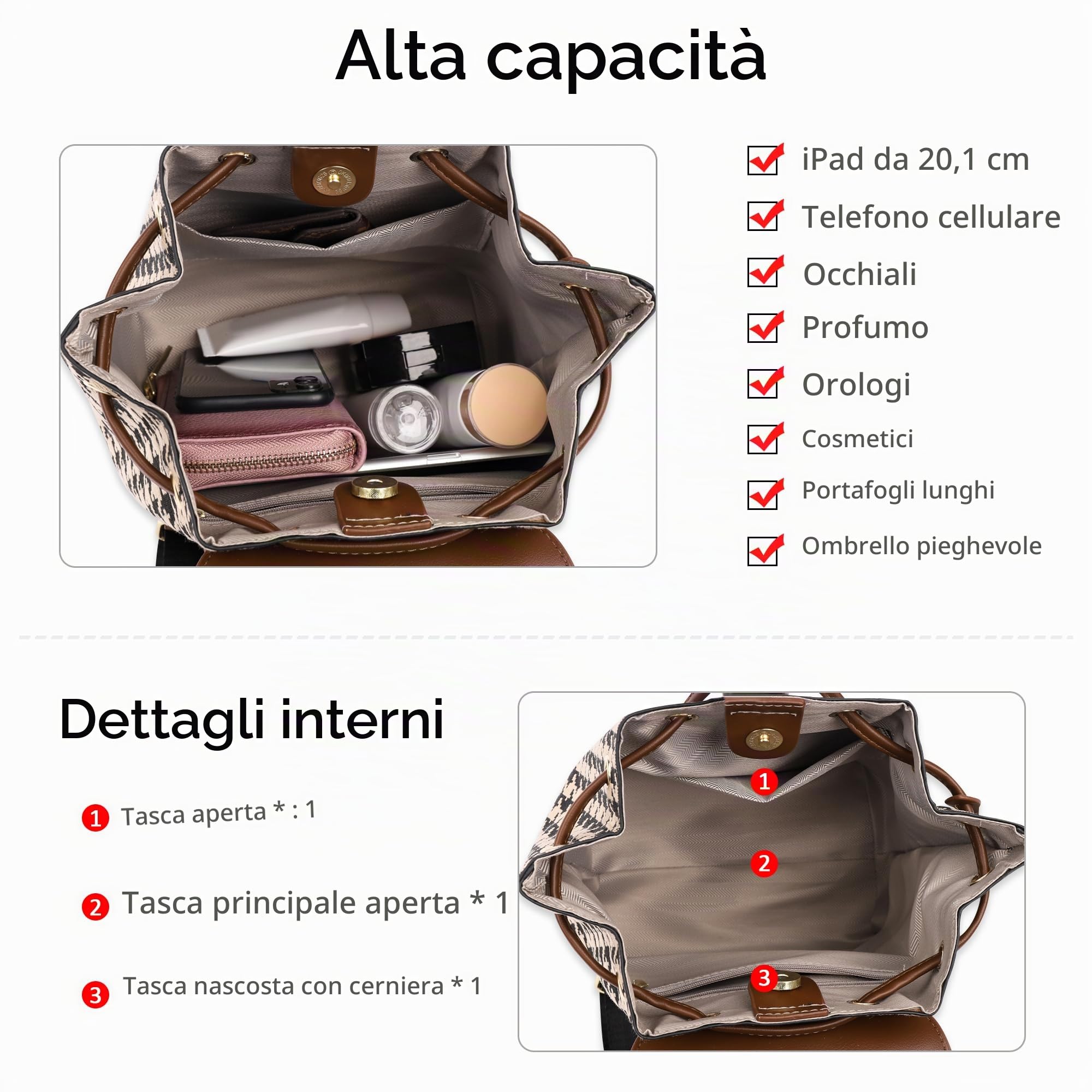 Borsa Zaino Donna Elegante Zainetto Antifurto Impermeabile Daypack Mode Stampa Tracolla Moderno Borse Spalla Mano per Scuola Shopping Università Viaggio Vacanza Lavoro in Pelle PU Marrone
