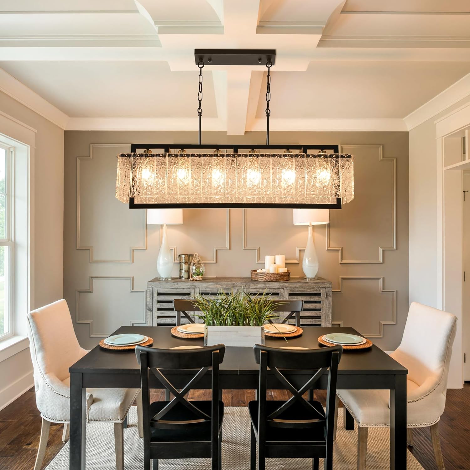 Modern Black Crystal Chandelier for Dining Room, 42" Hanging Light Fixture,Water Ripple Glass Design, Adjustable Height, Rectangle Chandelier for Living Room Kitchen Island