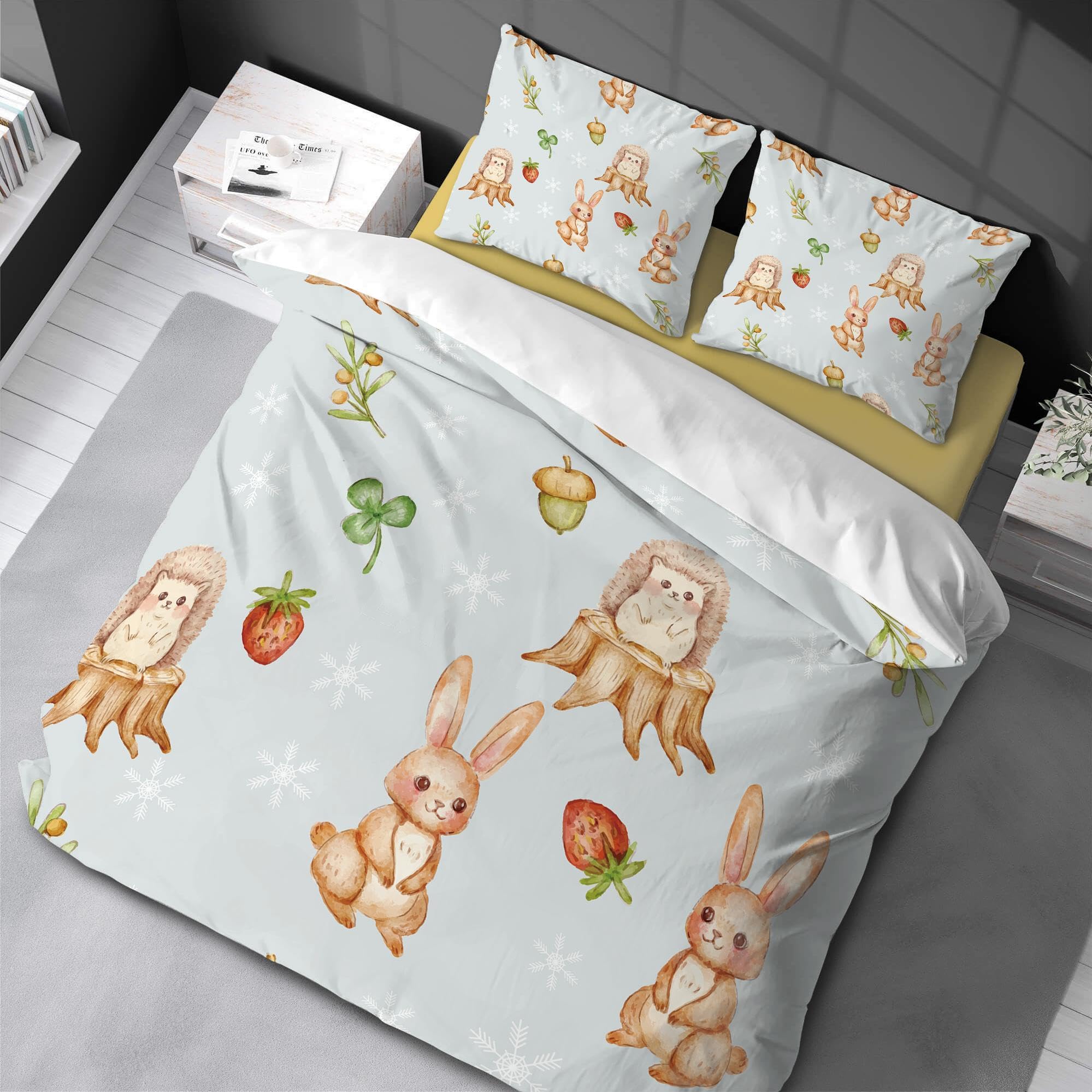 Parure de lit 155x220 animal fraise avec housse de couette zippée et taies 80x80