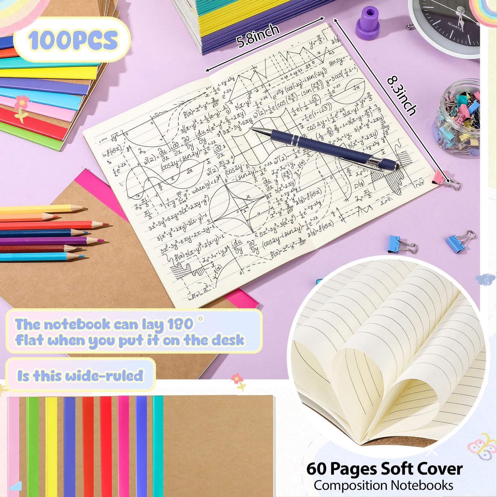 Handepo Confezione da 100 quaderni in carta kraft, 60 pagine, a righe, a righe, copertina morbida, diari di viaggio, per studenti, ufficio, scuola (colorati, A5)