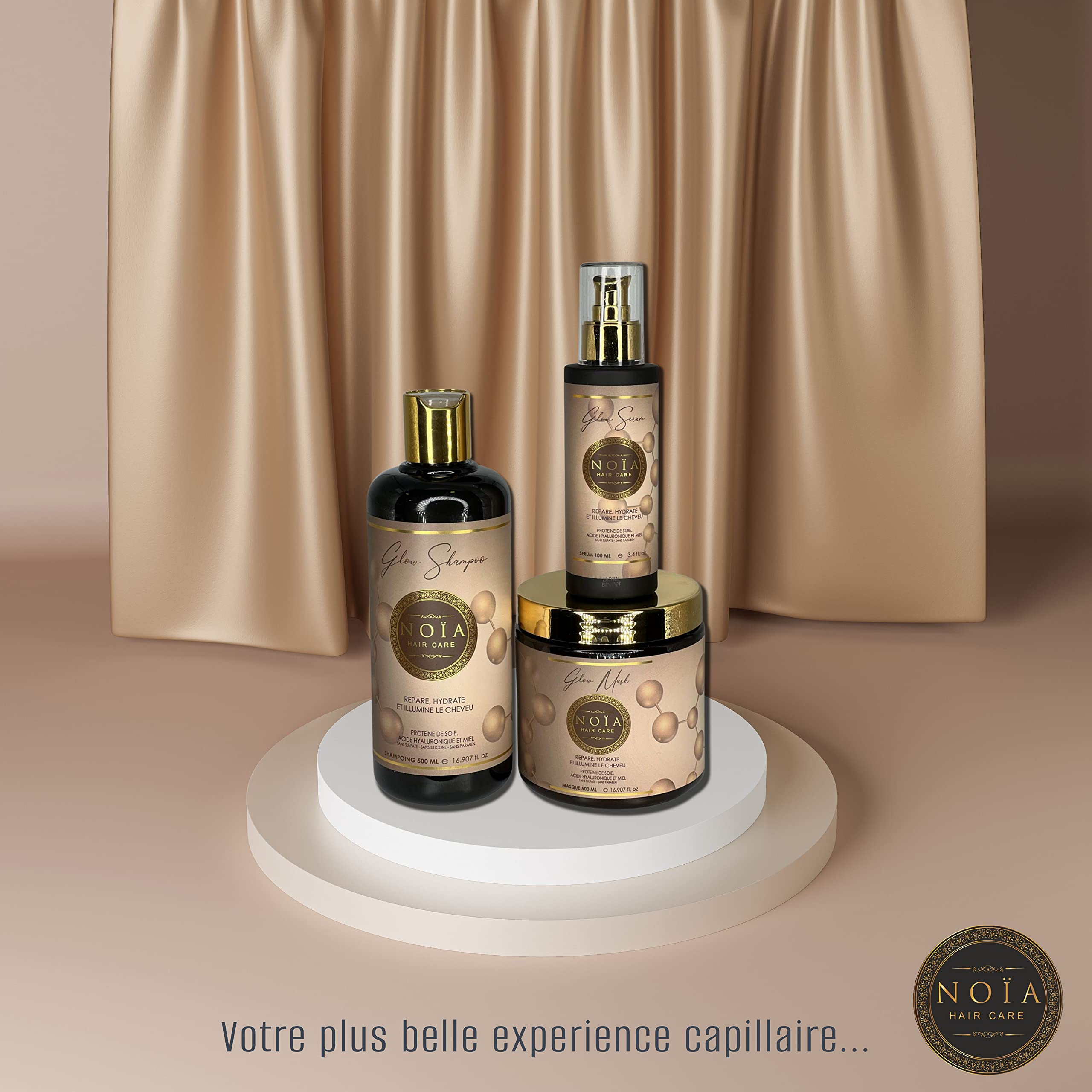 NOÏA HAIR – Trio Capillaire Professionnel GLOW – Shampoing 500ml +Masque 500ml + Sérum 100ml – Hydratation & Brillance – Acide Hyaluronique – Cheveux Secs, Ternes ou Déshydratés