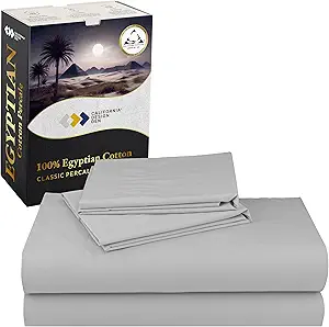 California Design Den Certified 100% Egyptian Cotton Sheets Queen Size Bed Set - Queen Sheet Set Percale with Deep Pockets, Lightweight, Crisp, Cool & Durable Luxury Bedding - Light Grey