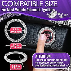 Car Bling Push Start Button Cover Durable Zinc Alloy Bling Ring Sticker with Crystal Rhinestones, Fits Most Engine Start Stop Decoration for Car Interior Accessories, Tool-Free Installation, Silver