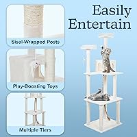 Vista 4 de Cat Tree - 6-Foot Cat Tower for Indoor Cats with Napping Perches, Kitty Condo, 9 Cat Scratching Posts, 2 Hanging Toys, and Rope by PETMAKER (Ivory)