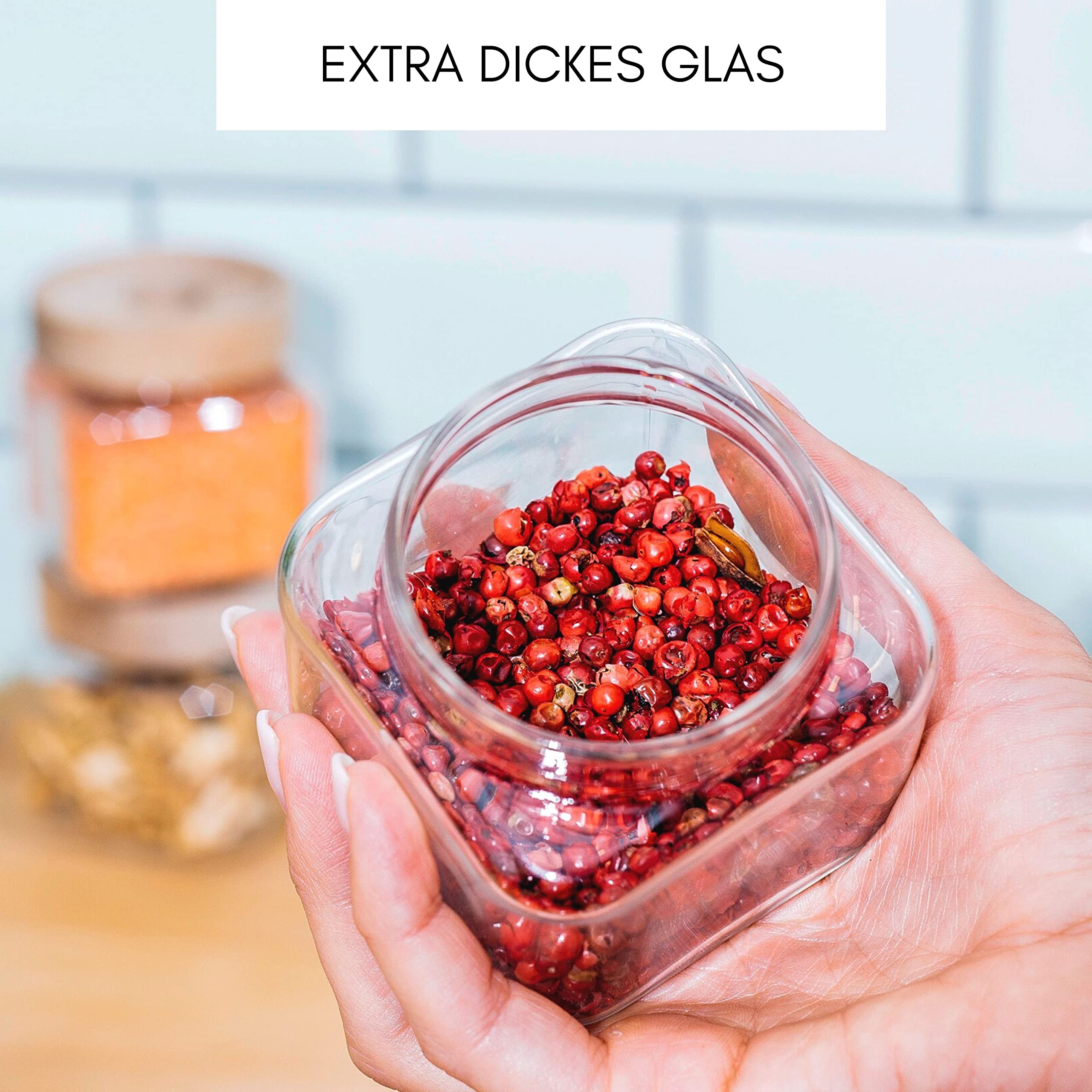 Econovo® Tarros para especias rectangulares con tapa (6 piezas) de vidrio de borosilicato soplado a boca, tarros para especias, tarros de cristal para especias y alimentos, pequeños 220 ml
