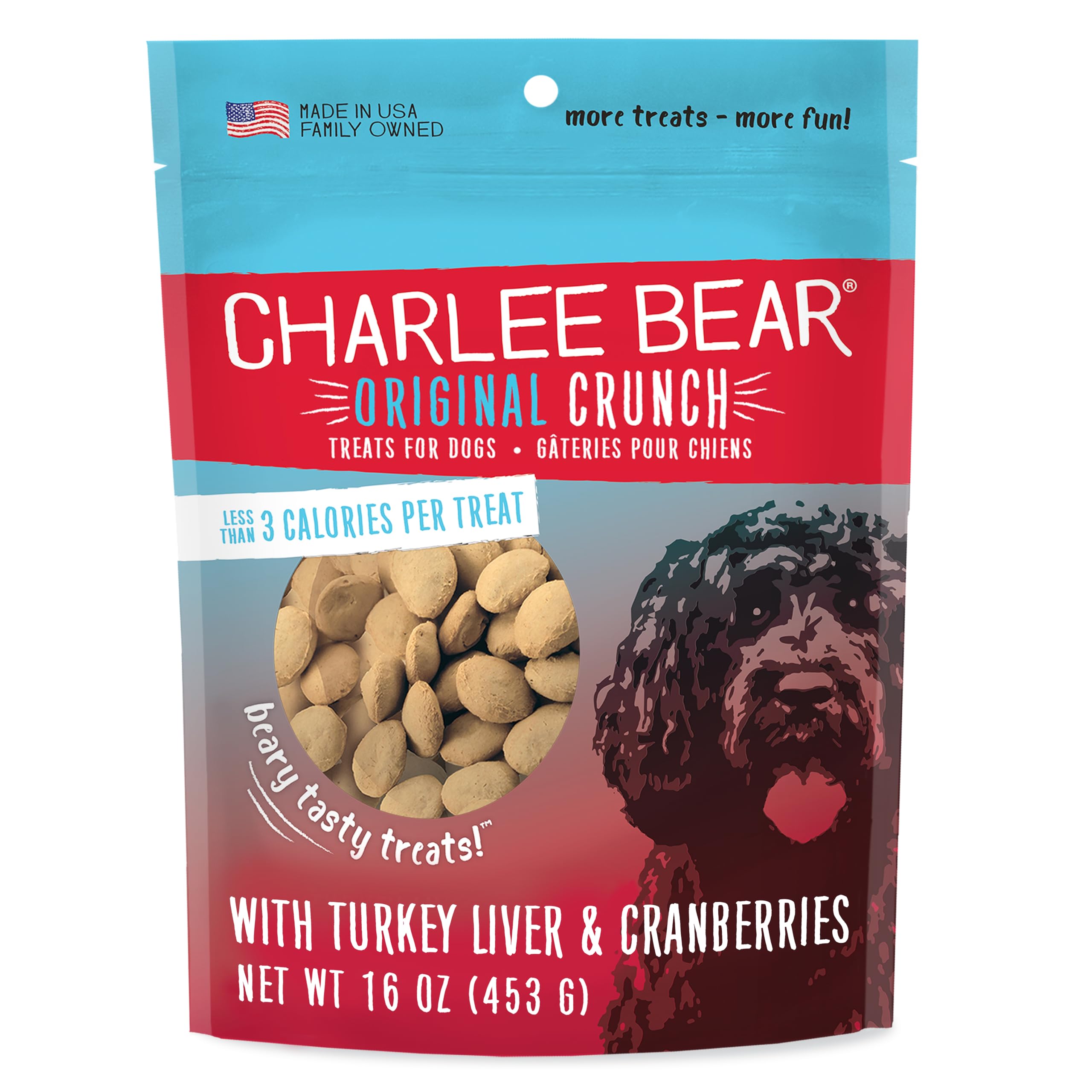 Charlee Bear Original Crunch Dog Treats, Turkey Liver and Cranberries, 16 Ounce Resealable Bag, Low Calorie Training Treats for Dogs, Limited Ingredient, Healthy, Crunchy Dog Snacks, Made in USA
