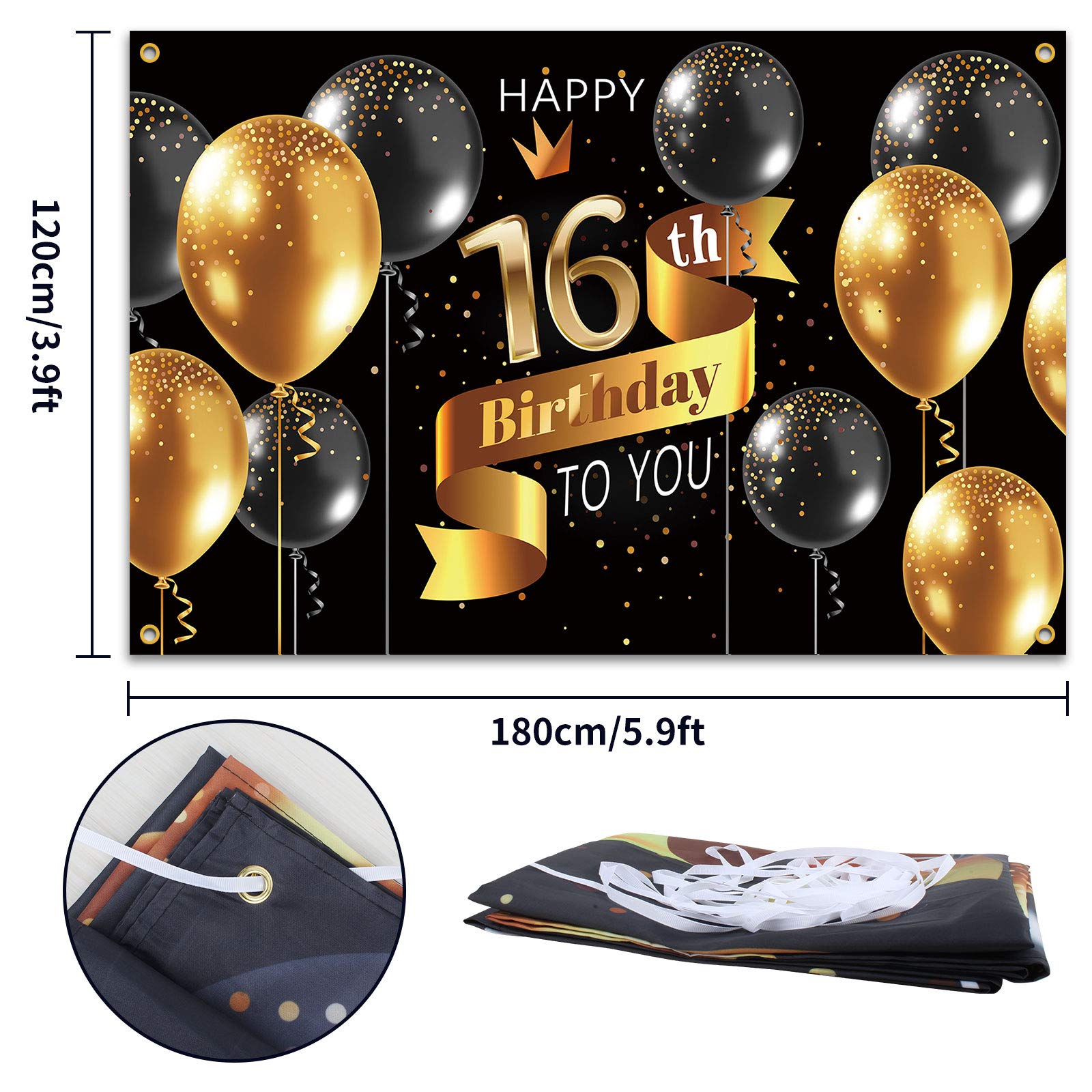 Pancarta Feliz 16 Cumpleaños - Telón De Fondo Negro Y Dorado - 118 X 19.6 Pulgadas - Incluye Cuerda