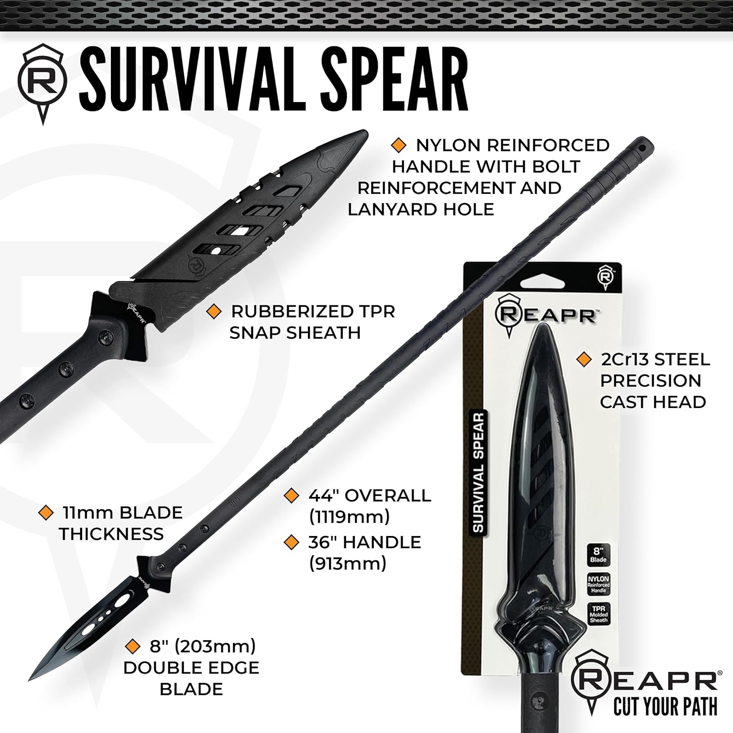 Reapr Survival Spear – 44″ Fixed-Blade Throwing Spear with Double‑Edge Stainless Steel Head & Snap Sheath