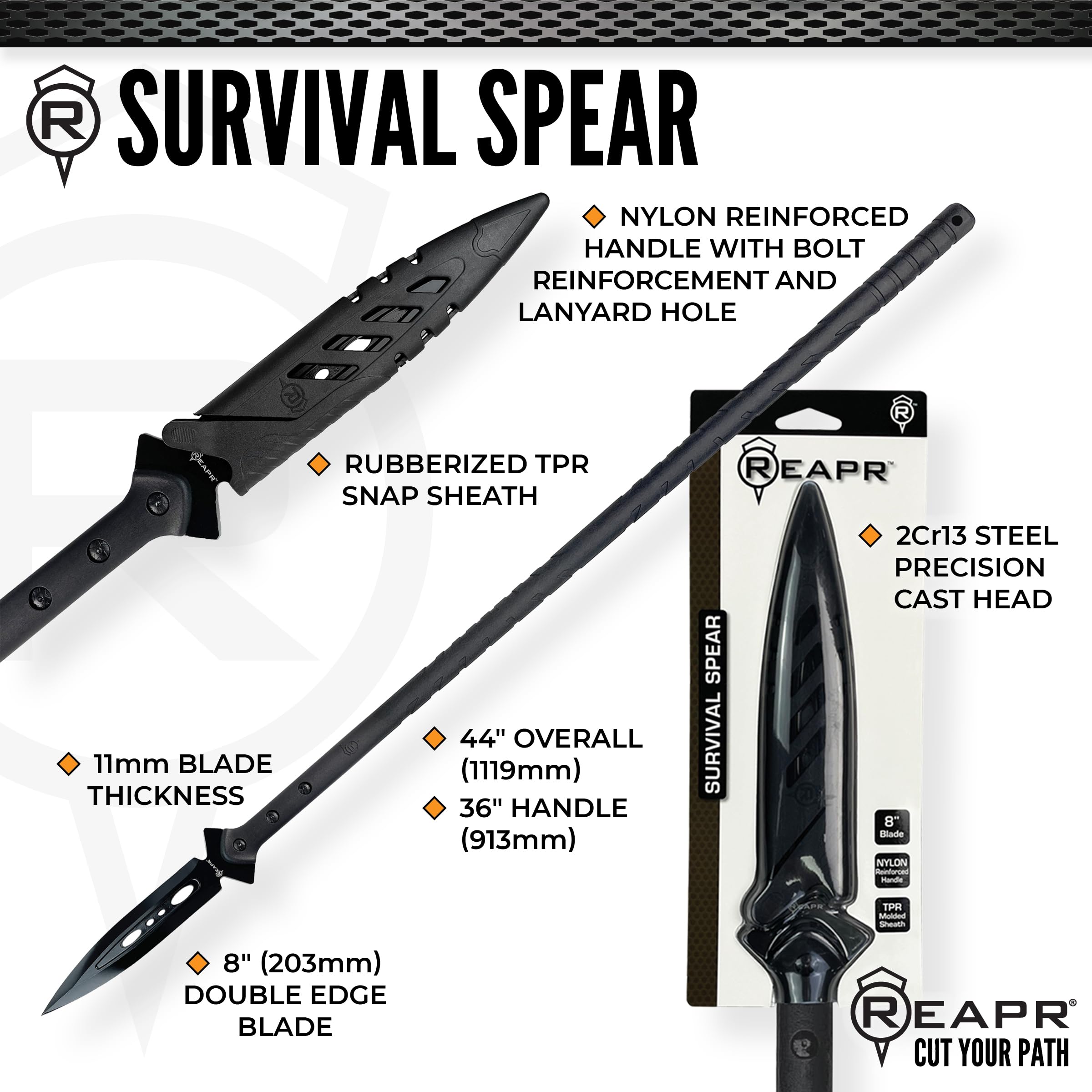 Reapr Survival Spear – 44? Fixed-Blade Throwing Spear with Double?Edge Stainless Steel Head & Snap Sheath
