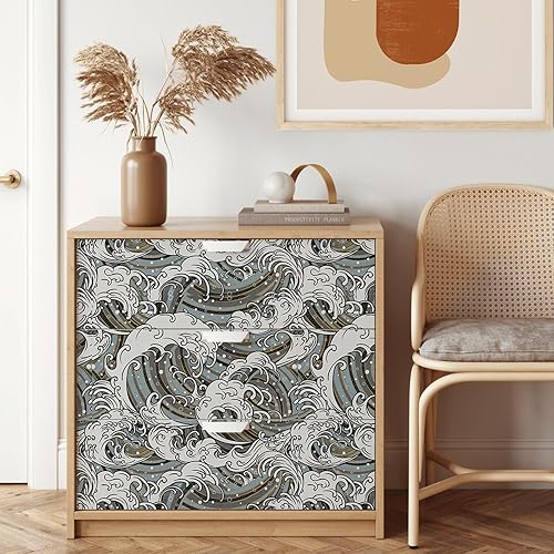 Miniatura 5 de AROMMO Papel tapiz autoadhesivo con ondas azules y blancas vintage, papel tapiz autoadhesivo prepegado, papel tapiz autoadhesivo para despegar y