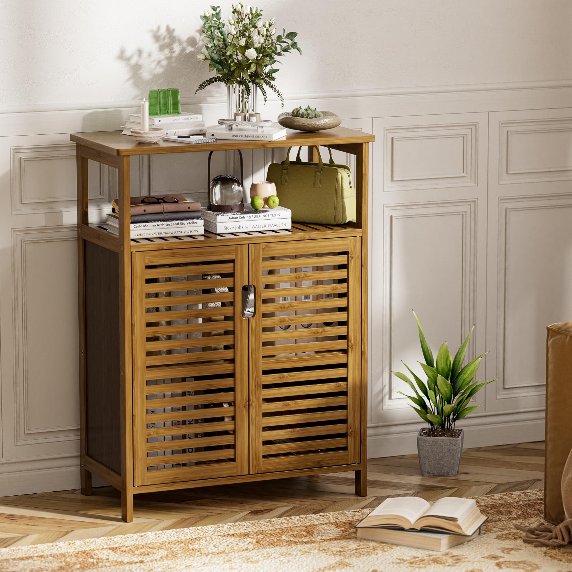 HITNET Mueble Baño Bambu, Armario Bajo Baño Auxiliar, Gabinete de Almacenamiento Independiente con Doble Puerta y Compartimentos Abiertos, para Sala de Estar, Cocina, Entrada, Nogal