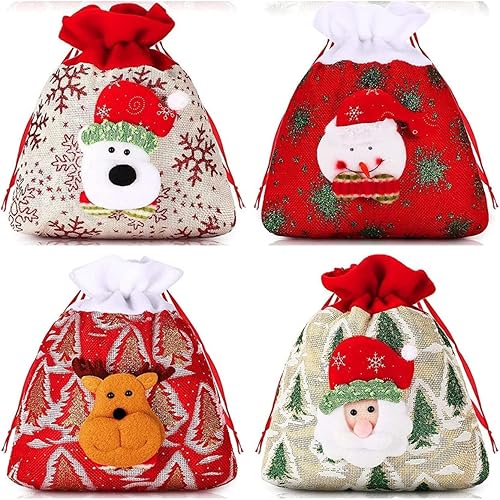 Bolsa de Navidad con diseño 3D de tela con cordón, bolsa de regalo de Navidad con cordón, bolsa de dulces de Navidad, bolsa de lino de Navidad,
