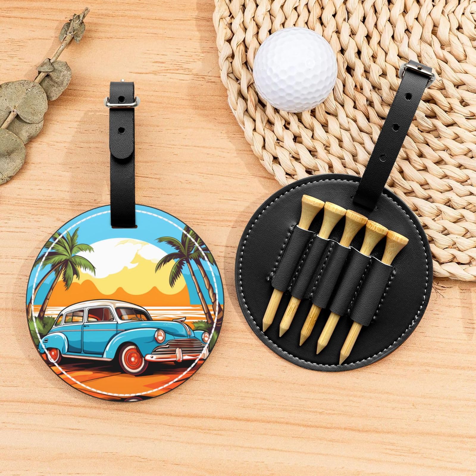 Car Under Coconut Trees Black Golf tee Storage Bag - Durable and wear-Resistant Golf Accessories