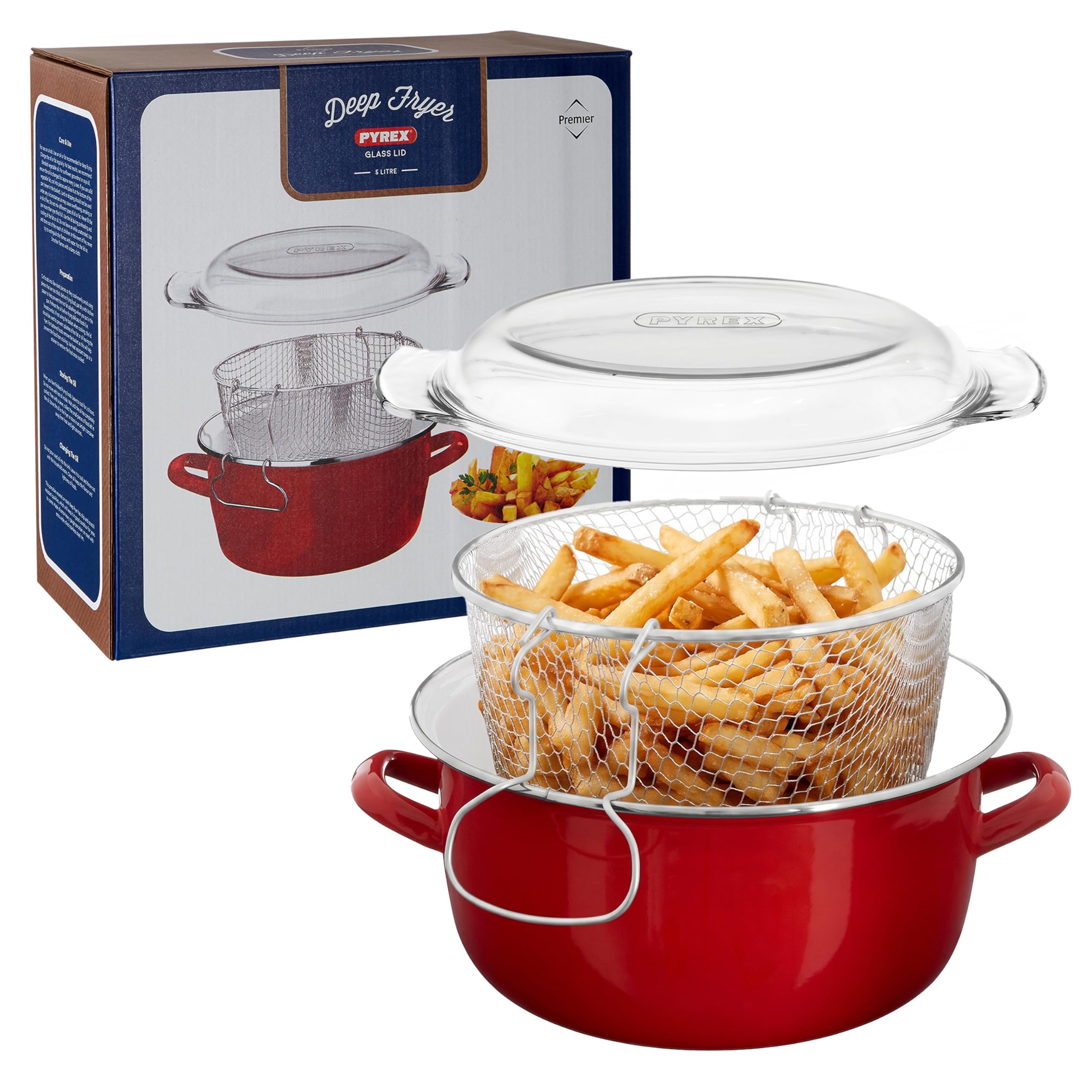 Premier Housewares Friteuse avec couvercle en Pyrex / PANIER EN FIL DE FER / Rouge 5 litres 16 x 33 x 27 cm