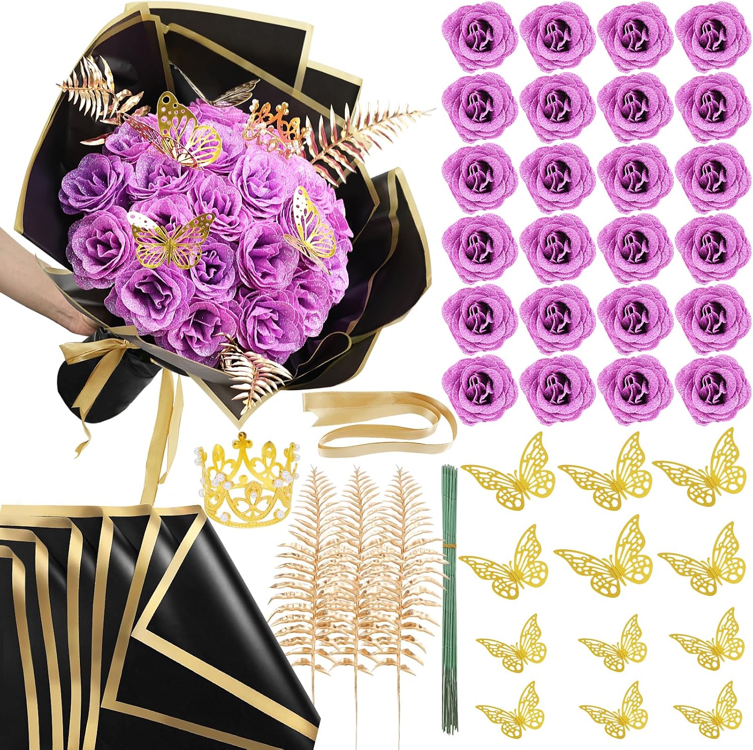 DIY Glitter Roses Bouquet 24Pcs - Light Purple Artificial Glitter Rose with Stems Wrapping Paper 3D Butterflies Crowns for Mother's Day Graduations Anniversary Birthday Wedding Bouquets,for Her
