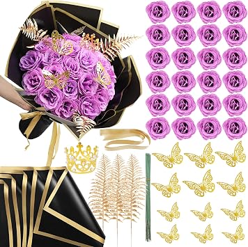 DIY Glitter Roses Bouquet 24Pcs - Light Purple Artificial Glitter Rose with Stems Wrapping Paper 3D Butterflies Crowns for Mothers Day Graduations Anniversary Birthday Wedding Bouquets,for Her
