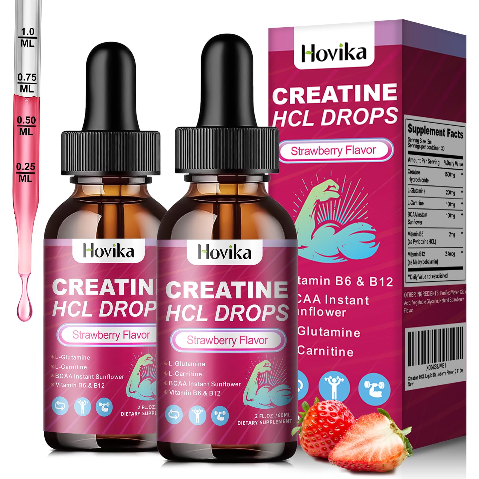 (2 Pack) Creatine HCL Liquid Drops, Strawberry Flavor, 4 Fl Oz Strawberry 2 Fl Oz (Pack of 2)