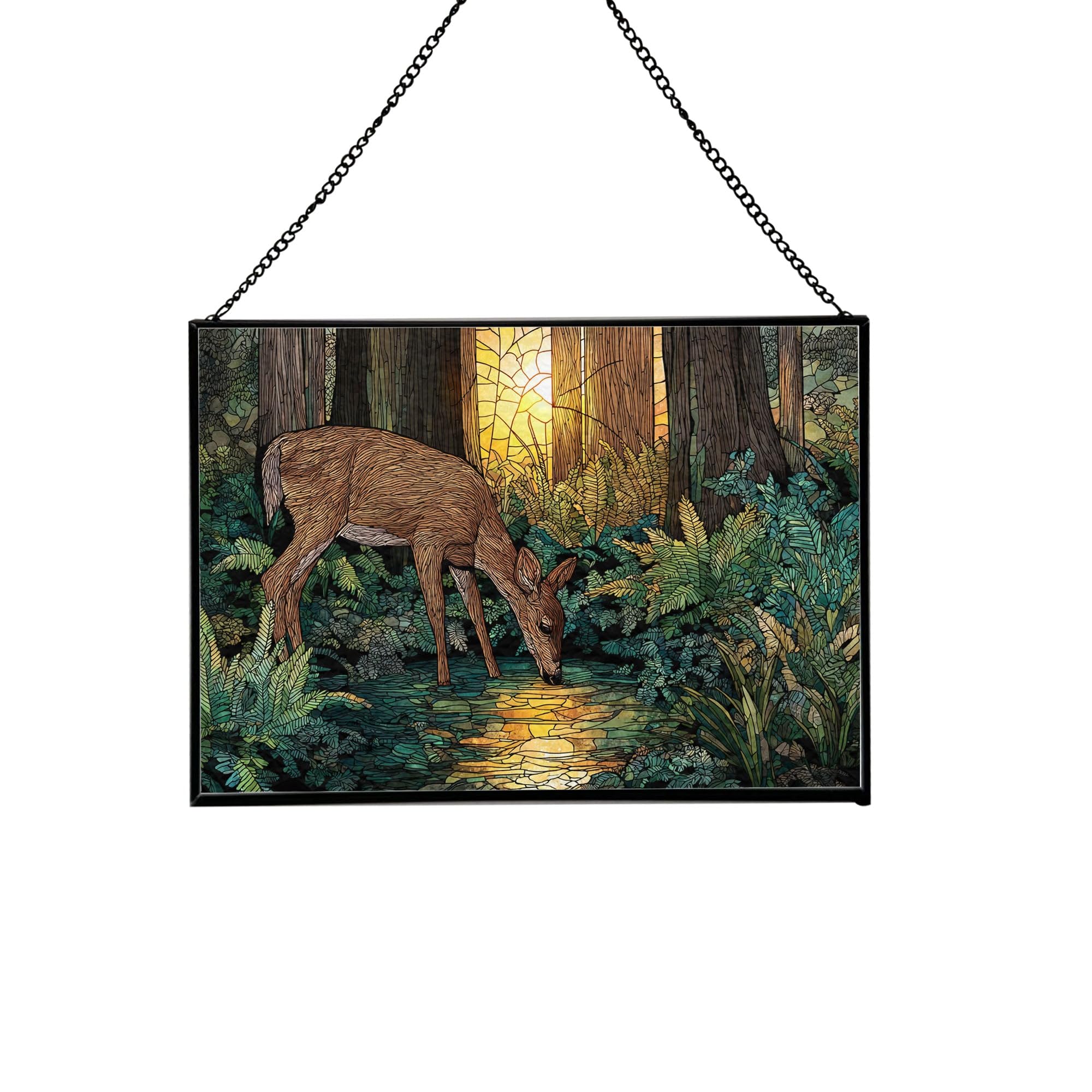 Deer Drinking – Forest Spring Animal Stained Glass Suncatcher – Rectangular Hanging Window Panel with Artistic Nature Background – Wildlife Glass Art Gift for Animal and Nature Lovers x1EyZN