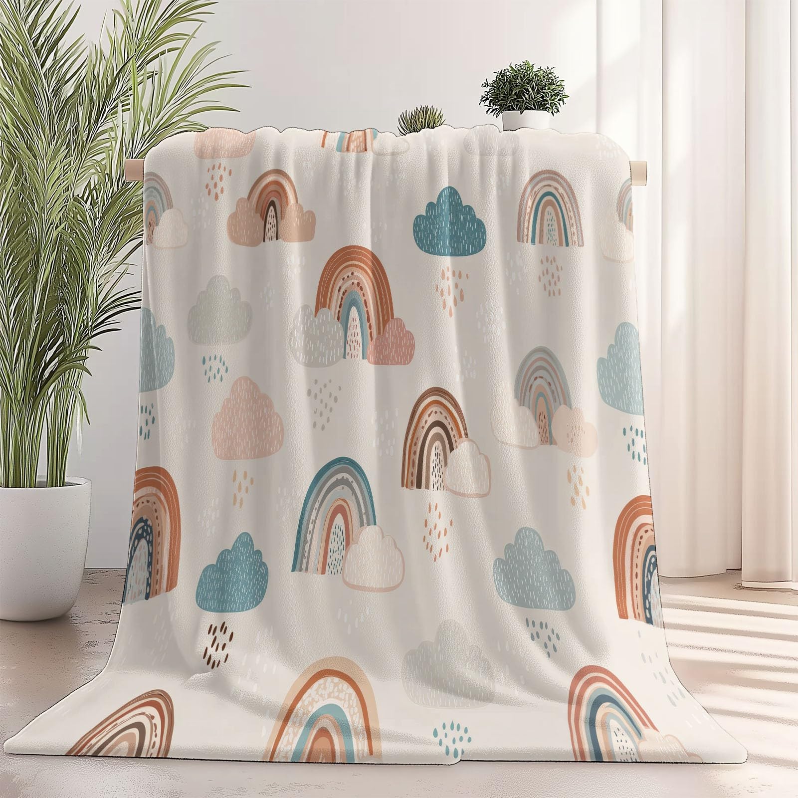 Manta de Franela Súper Suave 200 x 220 cm – Manta Cálida con Estampado de Minimalista Divertido Nubes, Ideal para Sofá Cama o Viaje Crema
