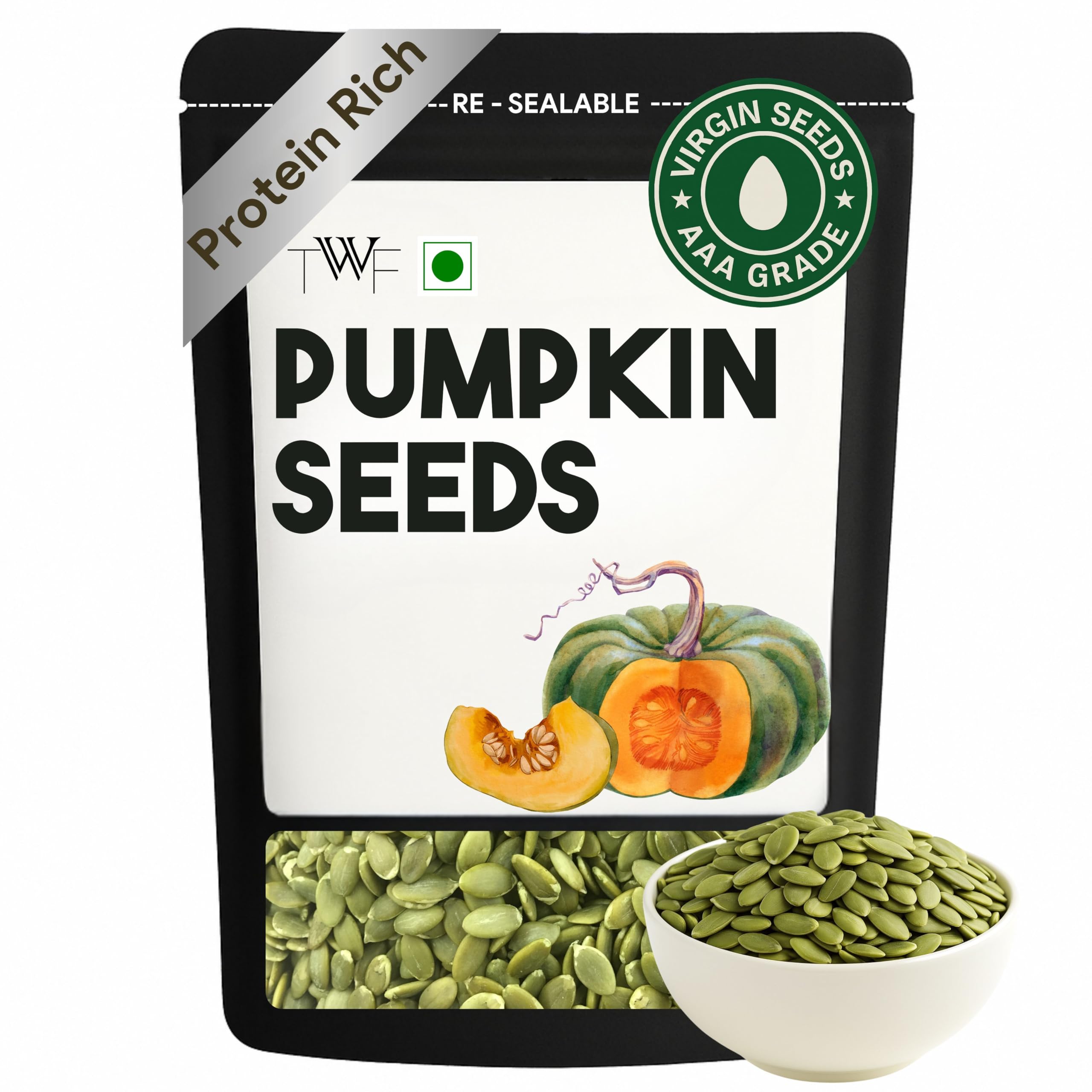 TWF Virgin Pumpkin Seeds | 500g | AAA Grade Seeds for Eating | High Protein, Fibre & Magnesium | Raw | Unroasted | Unsalted | Highest Natural Potency | Resealable Pack | Healthy Diet Snacks