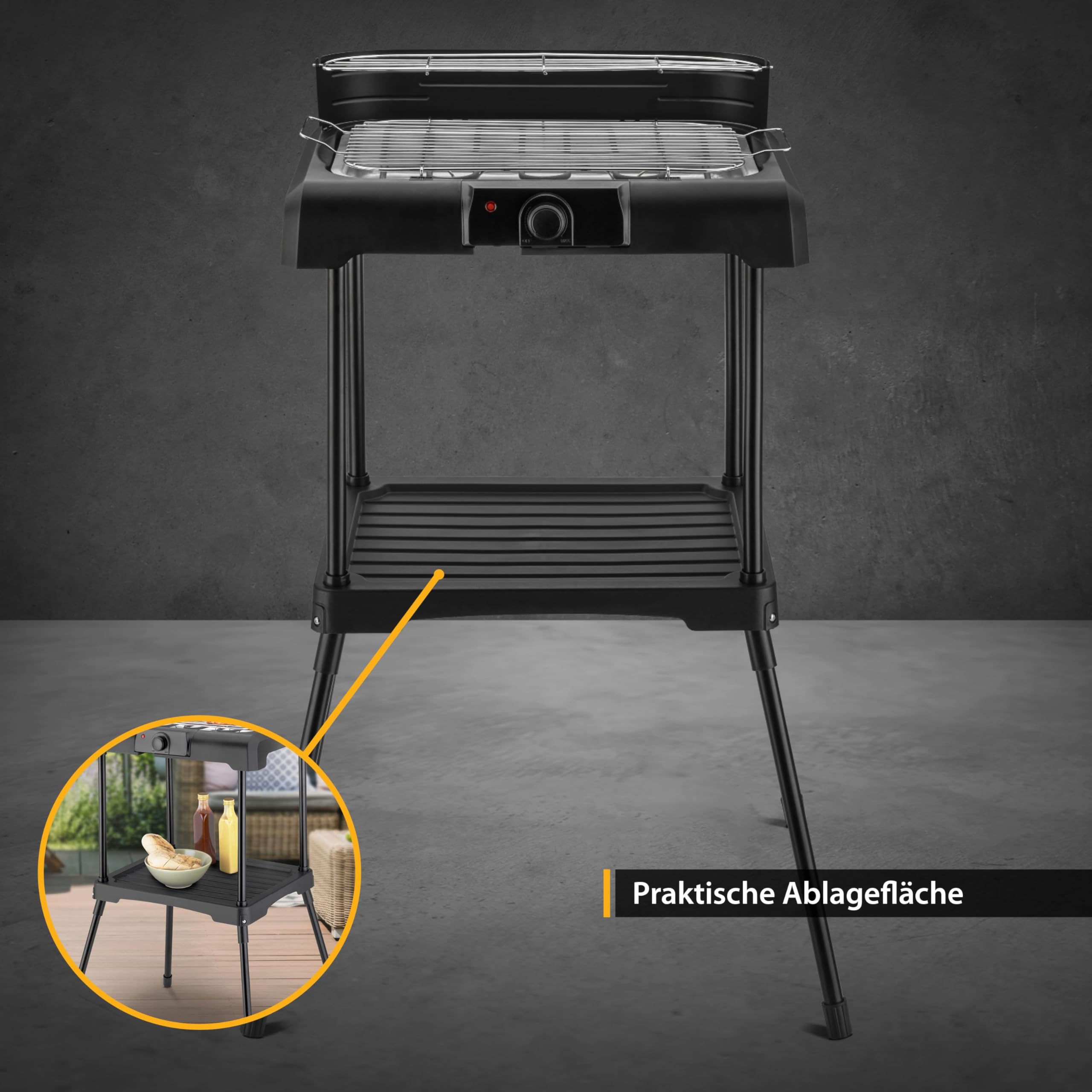 TZS First Austria - Elektro Standgrill 2200W - 2-in-1 Tischgrill mit Windschutz - Stufenloser Hitzeregler - Rauchfreies Grillen mit 2 Seitentischen - Balkon & Tischgrill - Schwarz