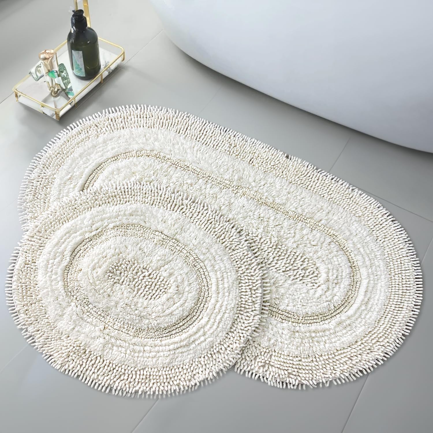 Oval Badematte Creme, 2er Set (60x100 cm + 50x60 cm)| Badezimmerteppich, Badteppich | Weiche Bad- und Duschvorleger | Für Bad, Dusche und Toilette, Maschinenwaschbar Badvorleger Macoroni