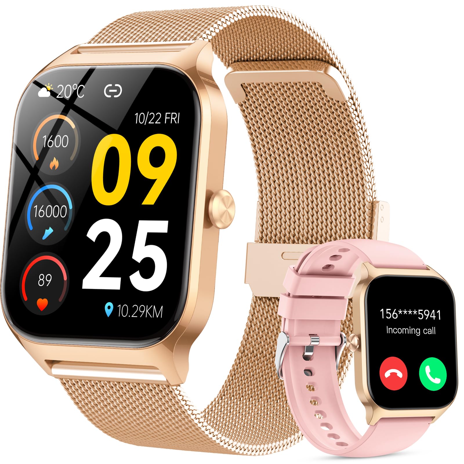 CASCHO Smartwatch Donna,1.85''Orologio Smartwatch Donna con Chiamate/Notifiche WhatsApp,120 Modalità Sportive/Sonno/Cardiofrequenzimetro/SpO2/Contapassi,Smart Watch per Android iOS(Doppio Cinturino)