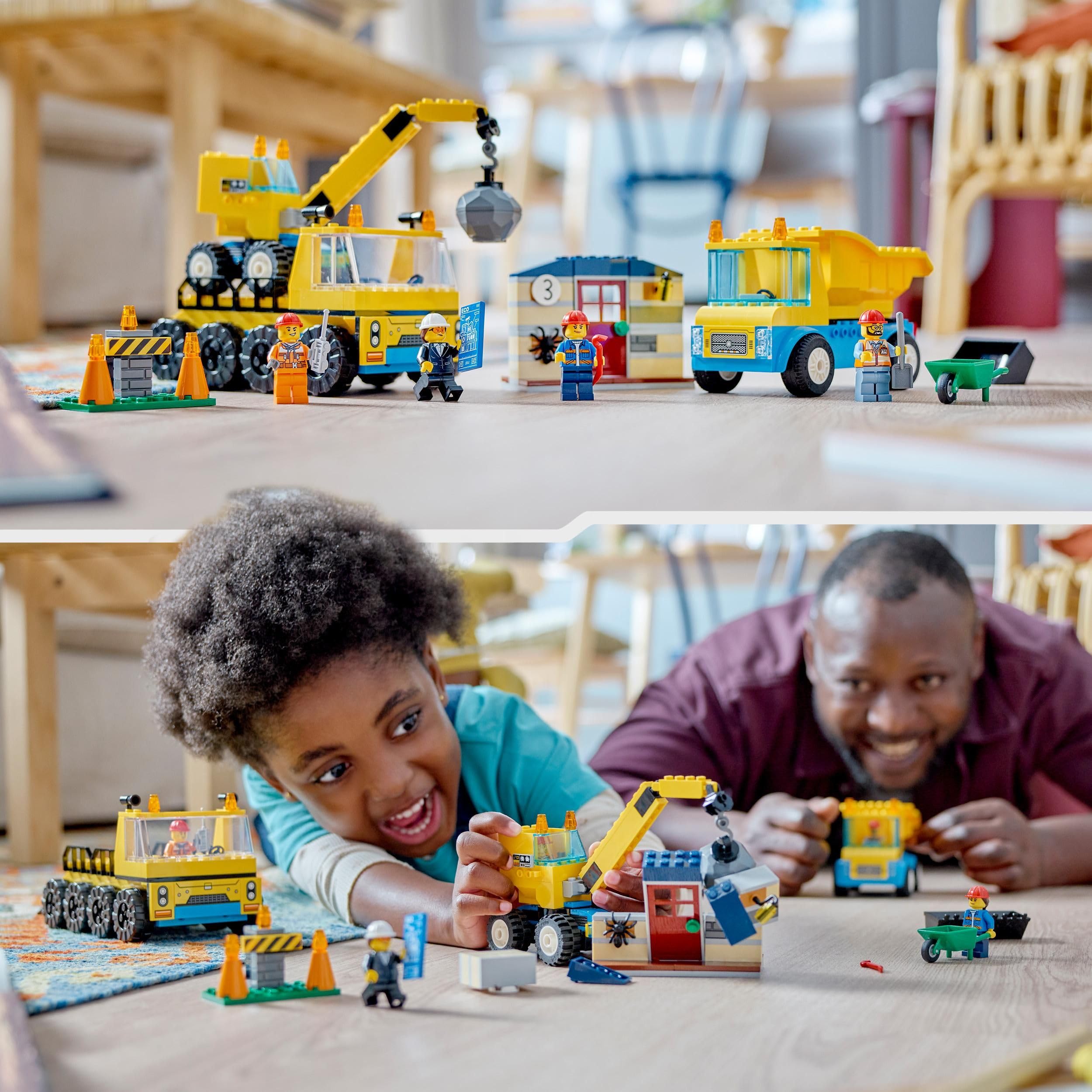 LEGO City Camiones de Construcción y Grúa con Bola de Demolición, Excavadora de Juguete, Camión Basculante y Vehículos de Transporte, Set de Aprendizaje para Niños y Niñas a Partir de 4 Años 60391