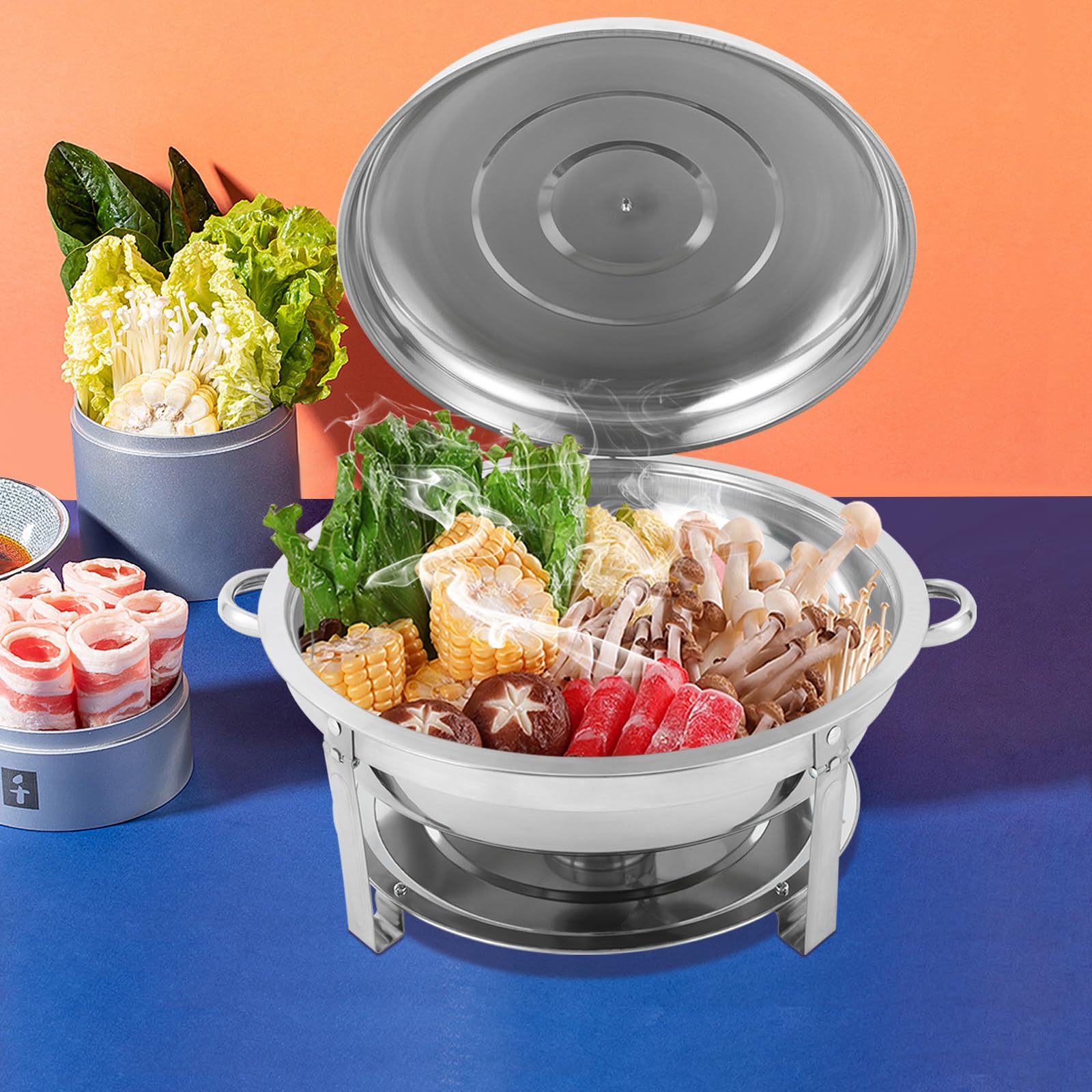 Calentador de comida redonda de 9 litros, bandeja de acero inoxidable con tapa aislada, recipiente para almacenamiento de alimentos, adecuado para cafeterías, bares de aperitivos, fiestas
