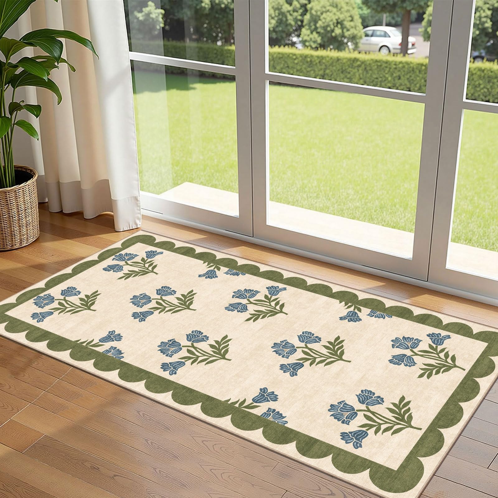 Othilic Front Door Mat Indoor Entrance - 2x4.3 Ft Floral Washable Layered Doormat Outdoor Entrance Porch Rug Non-Slip Sage Blue Boho Runner Rug for Kitchen Hallway Bedroom Laundry Room Porch Decor