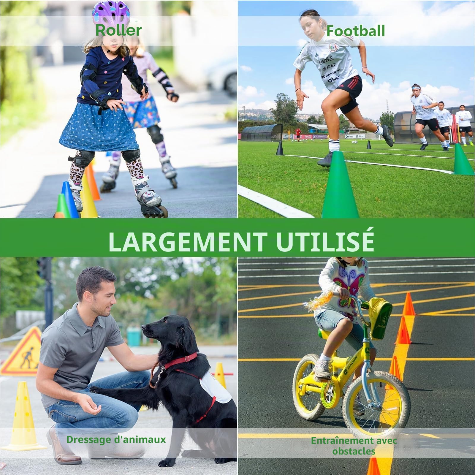 AKOLAFE Lot de 24 Cônes d'Entraînement 23x13.5cm Plots de Marquage en LDPE Souple et Incassable Plot Sport de 4 Couleurs avec Sac de Transport Cône de Signalisation pour Football Roller Agilité École