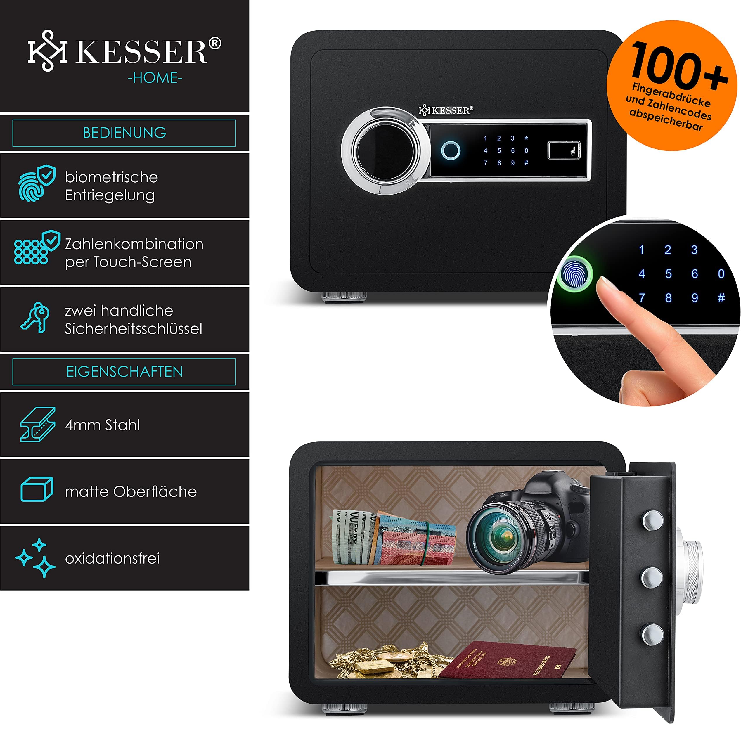 KESSER® Elektryczny sejf z odciskami palców | 34 x 25 x 28 cm | w zestawie pudełko na baterie | elektroniczny sejf 3 x podwójna blokada bolca | sejf ścienny | sejf ścienny | oświetlenie | szafka