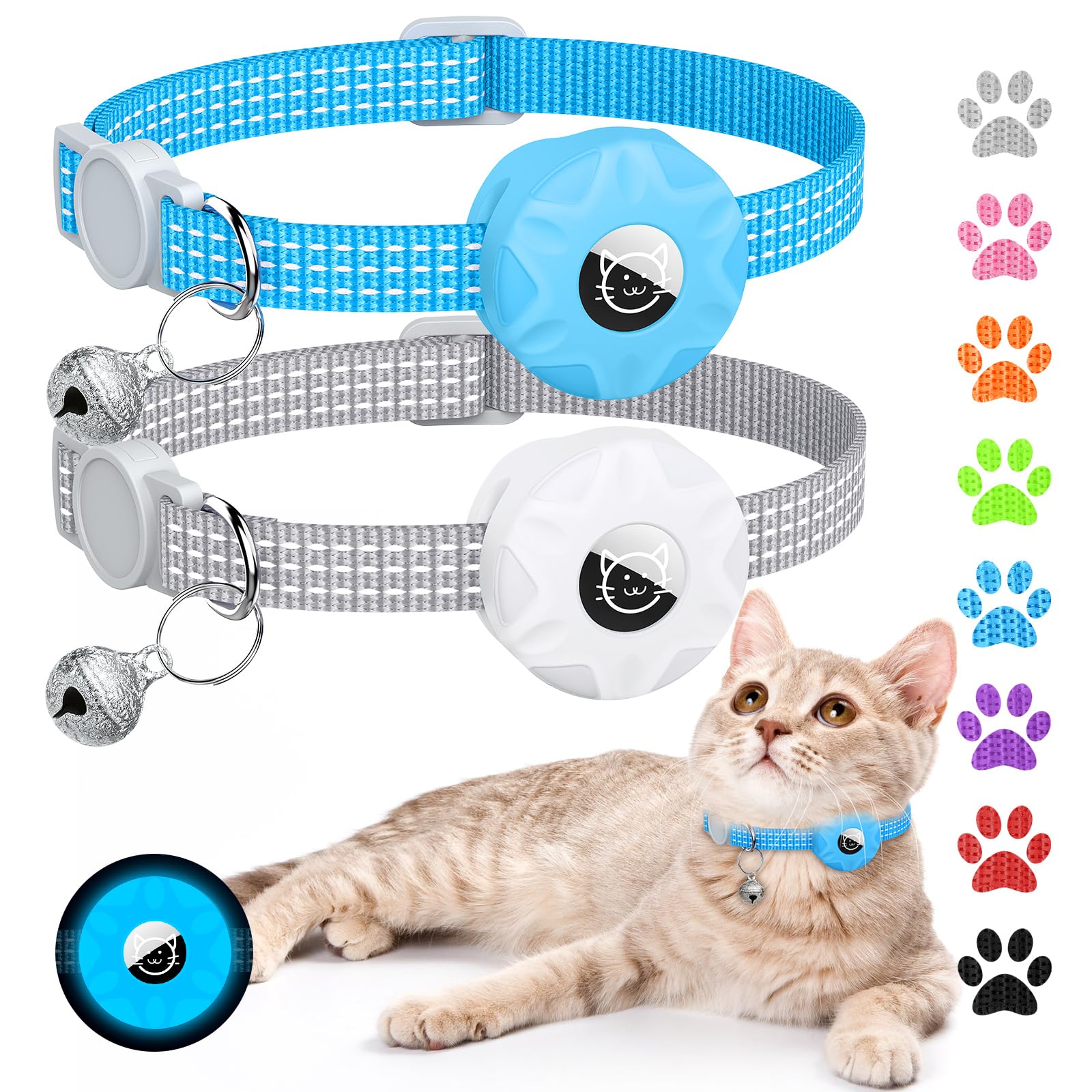 Apple AirTag Cat Collar, GPS Tracker with Reflective Breakaway Design, Lightweight Kitten Collar with Bell (Gray/Luminous Blue)