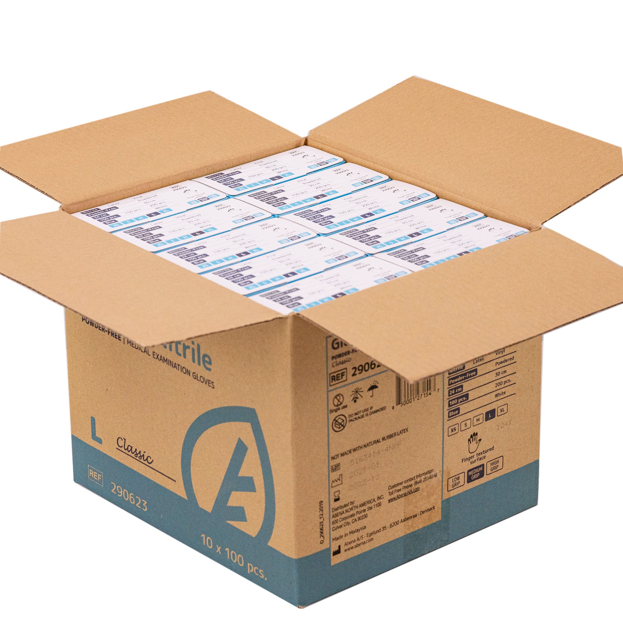 Abena Powder-Free Nitrile Exam Gloves, Textured Finger Tips, Non-sterile, Blue, Large, 1000 Count