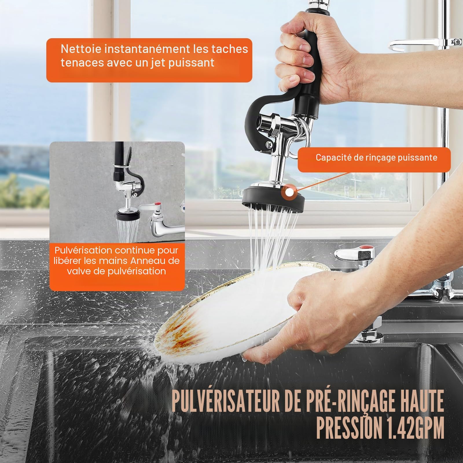VEVOR Robinet de Cuisine Commercial avec Pulvérisateur de Pré-rinçage, Mitigeur avec Douchette Extractible, 1120 mm de Haut, Entraxe 203 mm, Bec Pivotant 305 mm, Montage sur Pont, pour Évier Rstaurant