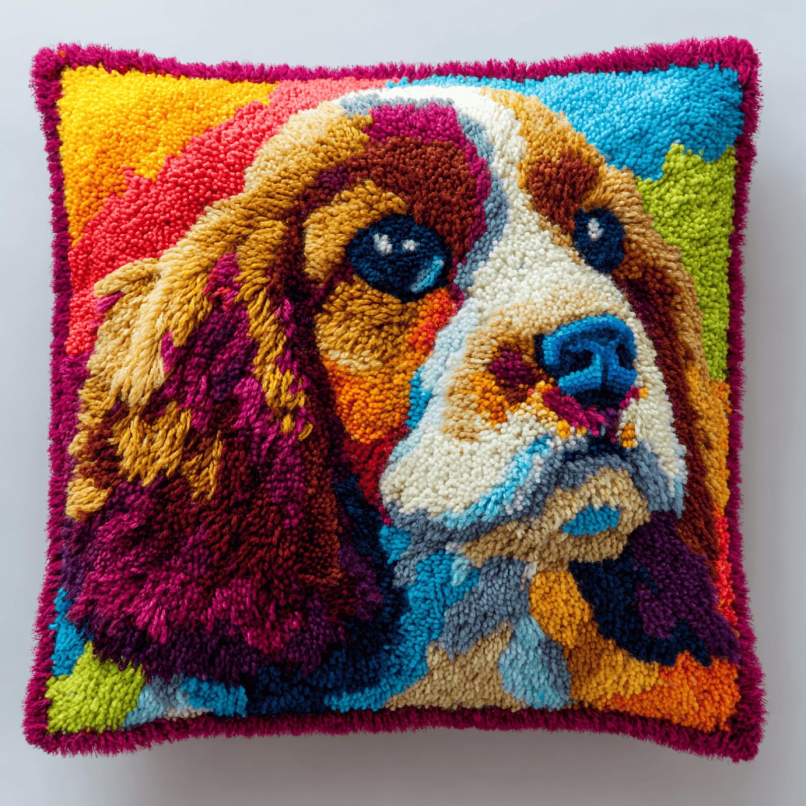 XDEGHUANGSS DIY Latch Hook Cushion Kit - Cocker Spaniel Pattern Pillow Cover for Beginners,Handmade Yarn Latch Hook Pillowcase Sofa Cushion Material Pack,Home Decor Gift Set,43x43 cm