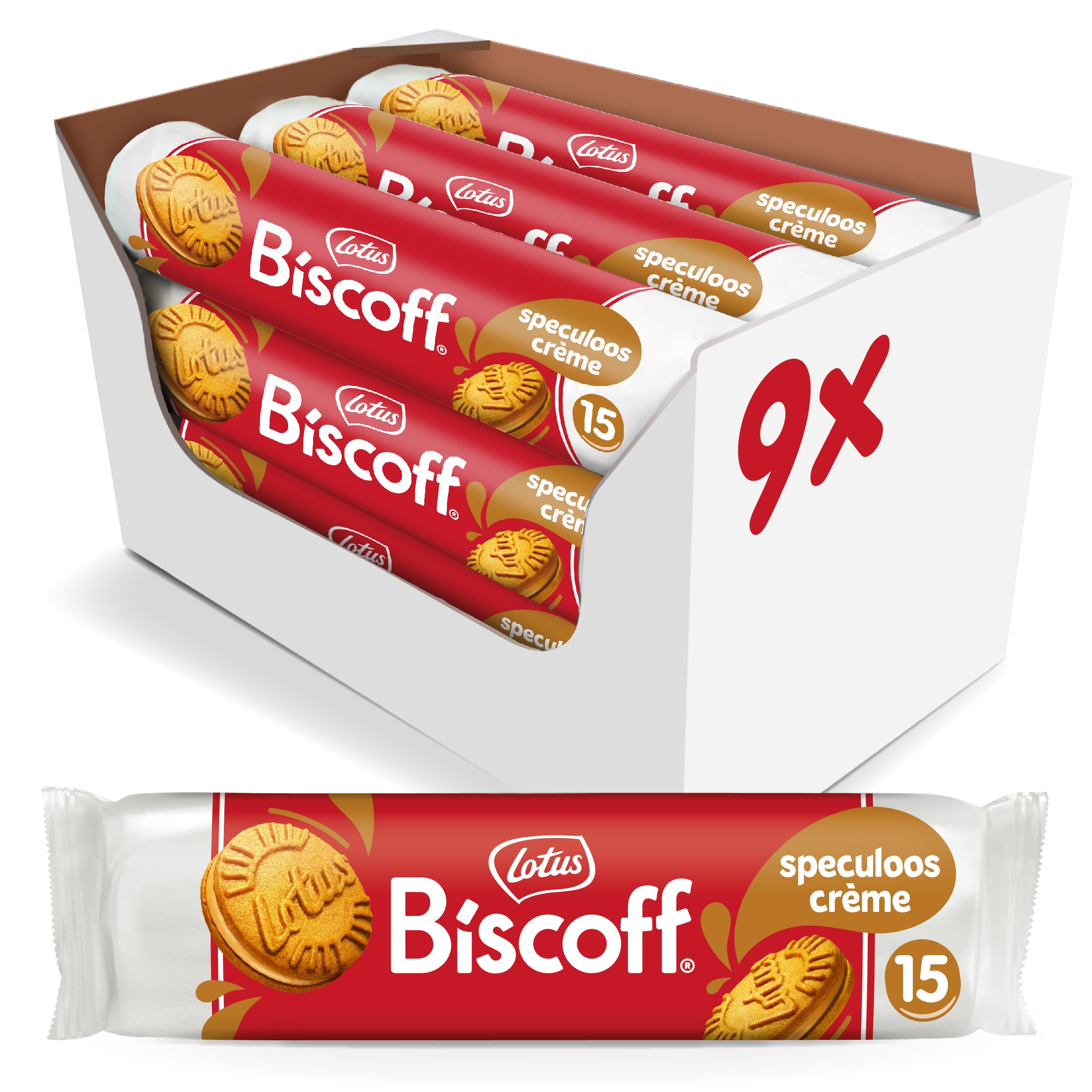 Lotus Biscoff | Biscoff Fourré Crème de Speculoos | 15 Biscuits par Paquet | Ingrédients d'Origine Naturelle | Vegan | Sans Colorant ni Arômes Artificiels | 9 x 150g | 1,35 kg