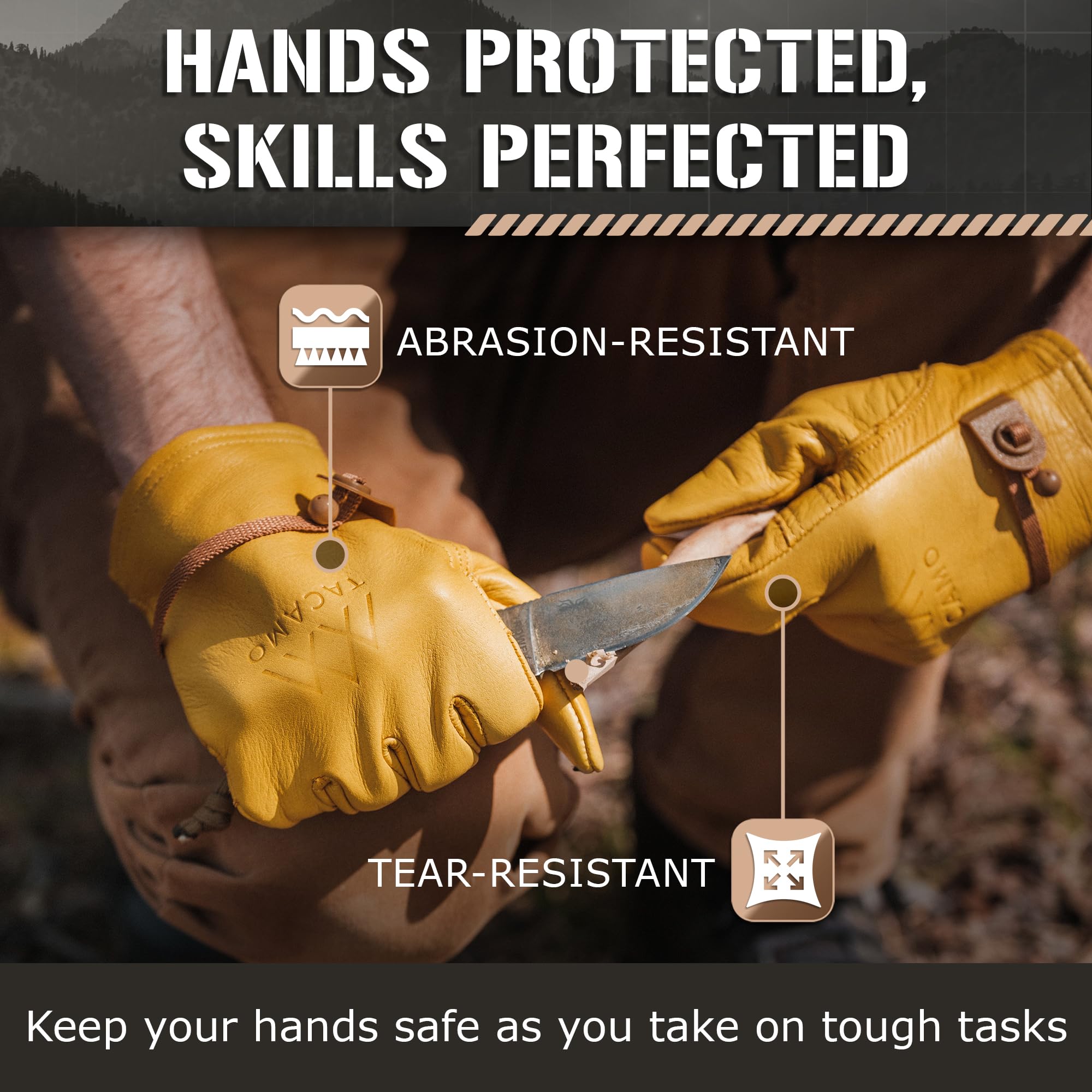 Guantes de trabajo de cuero resistente para hombres y mujeres, guantes de jardinería de 100% cuero vacuno, color amarillo, agarre seguro, resistentes a la abrasión y al desgarro, guantes para