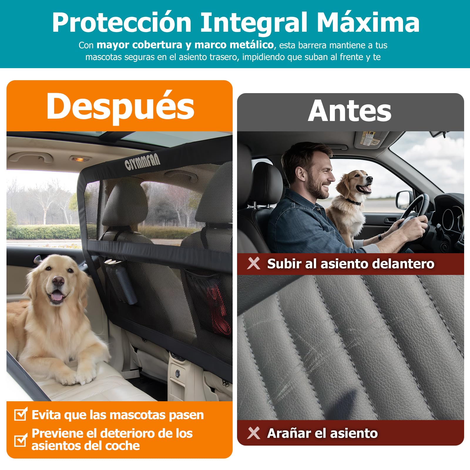 Barrera Protectora para Perros para Asiento Trasero y Maletero con Cubierta Más Ancha, Ajuste Universal para Coche y SUV, Rejilla Separadora para Perros con Red Transparente y Marco Metal Estable