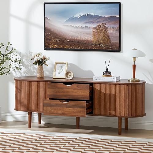 Miniatura 53 de Soporte de TV, mesa consola multimedia con puerta corredera y compartimento de almacenamiento, centro de entretenimiento moderno con almacenamiento