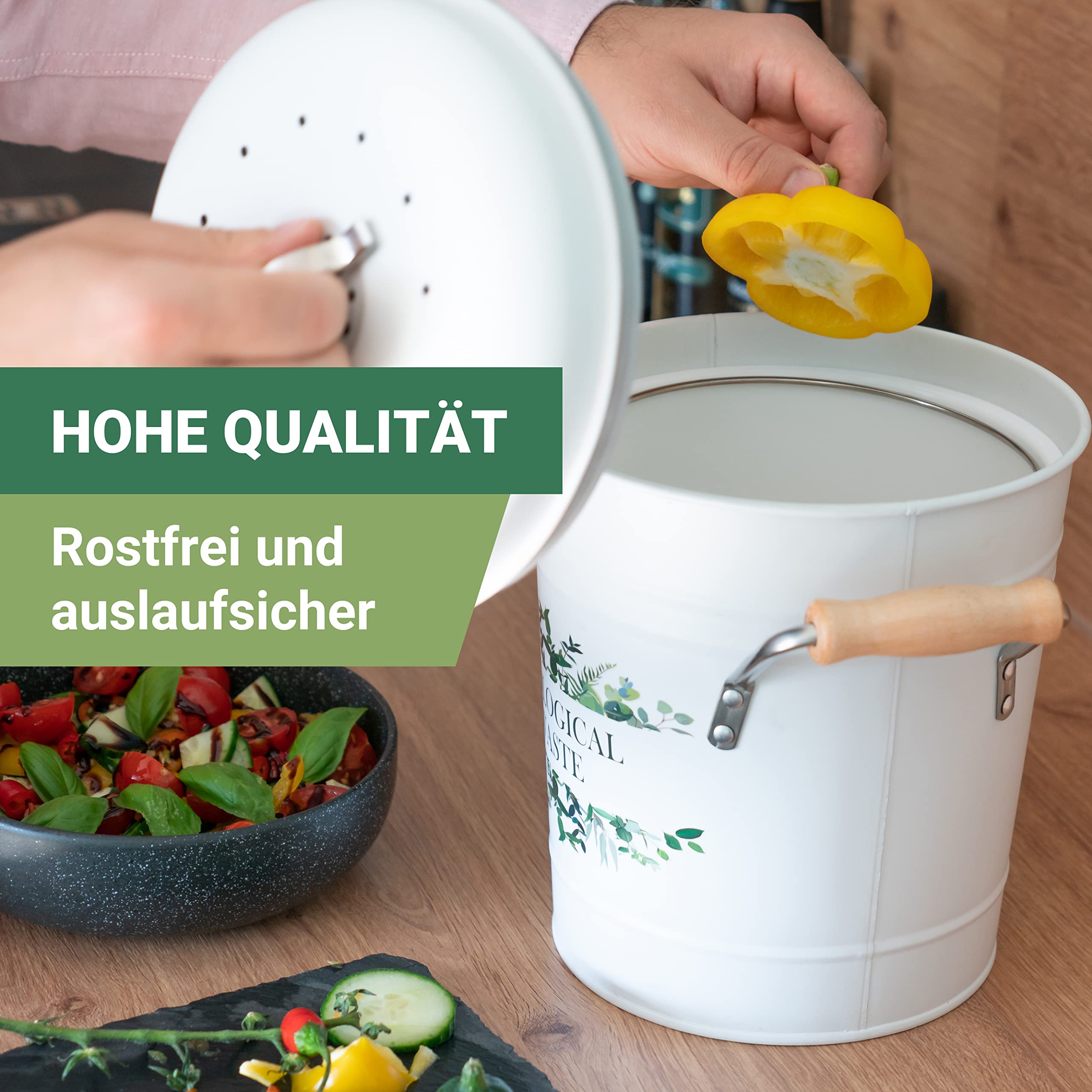 Tante SOE - Biomülleimer für die Küche mit Aktivkohlefilter (3 Liter, klein) Bio Mülleimer mit Deckel zur Geruchsneutralisierung - Metall Behälter/Eimer für Biomüll - Abfalleimer/Komposteimer in Weiß