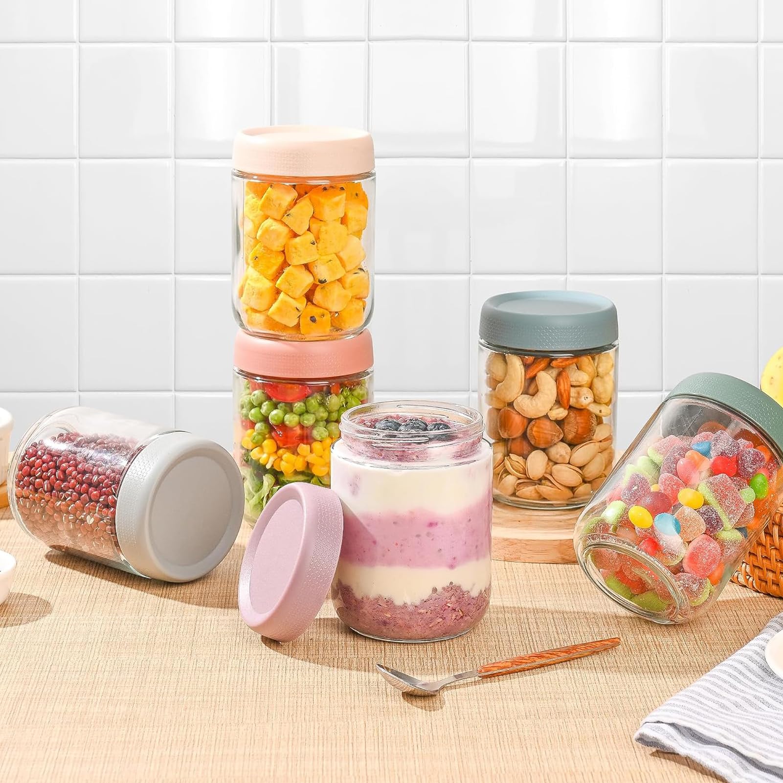 Collazoey Overnight havermoutpotten, 300 ml, inmaakpotten met schroefdeksel, borosilicaatglas, voorraadpotten, herbruikbare glazen potten met deksel, voor yoghurt, muesli, pap, 4 stuks